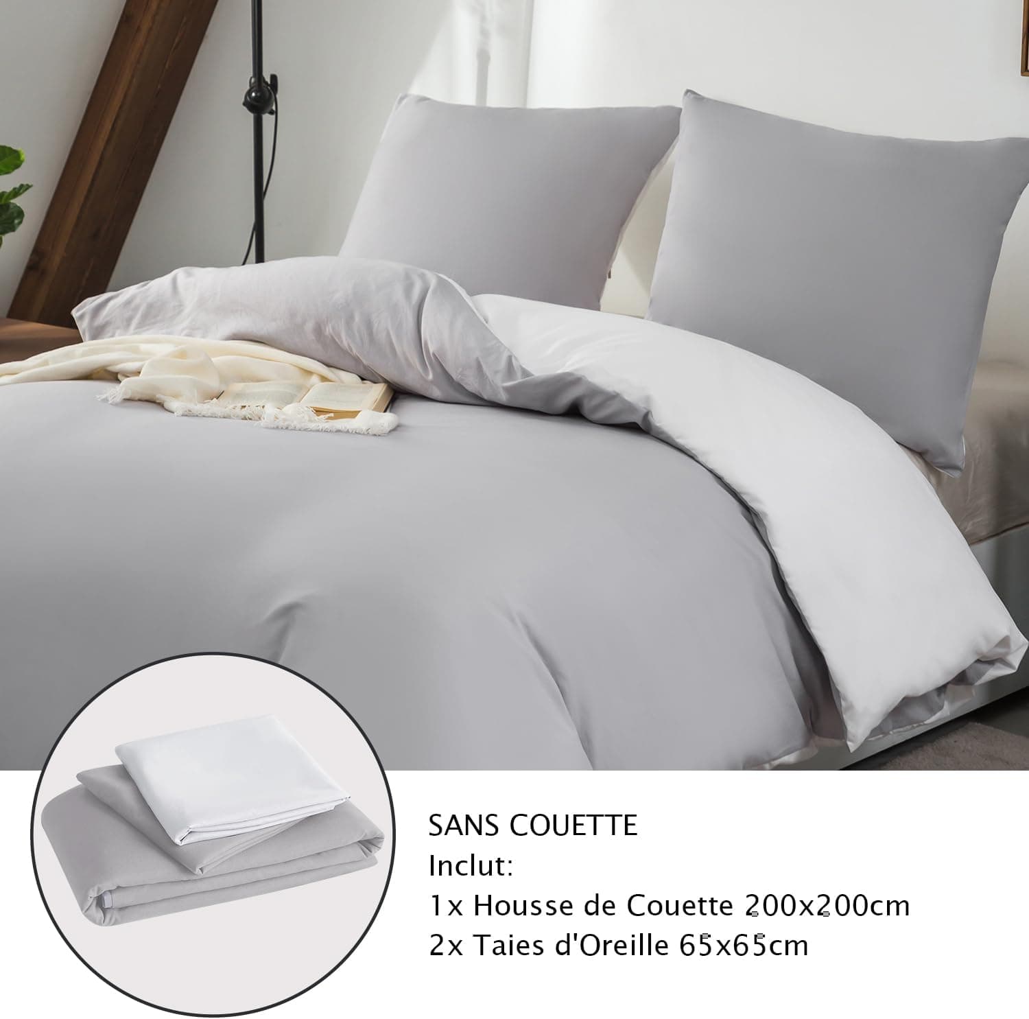 MOHAP Housse de Couette Réversible 200x200 / 65x65x2 cm Coton lavé Gris Claire Parure de Lit Aspect Ridée Naturel Bicolore pour 2 Personnes Fermeture Éclair Sets de Housse Couette 7