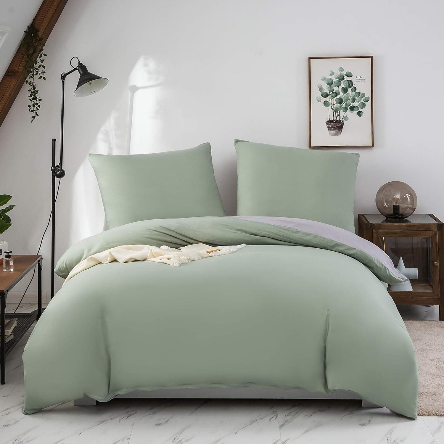 MOHAP Housse de Couette Réversible 200x200 / 65x65x2 cm Coton lavé Vert Parure de Lit Aspect Ridée Naturel Bicolore pour 2 Personnes Fermeture Éclair Sets de Housse Couette