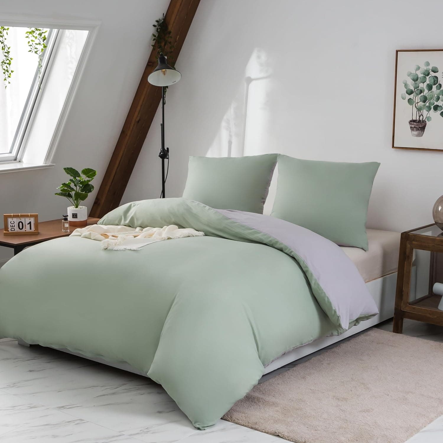 MOHAP Housse de Couette Réversible 200x200 / 65x65x2 cm Coton lavé Vert Parure de Lit Aspect Ridée Naturel Bicolore pour 2 Personnes Fermeture Éclair Sets de Housse Couette 2