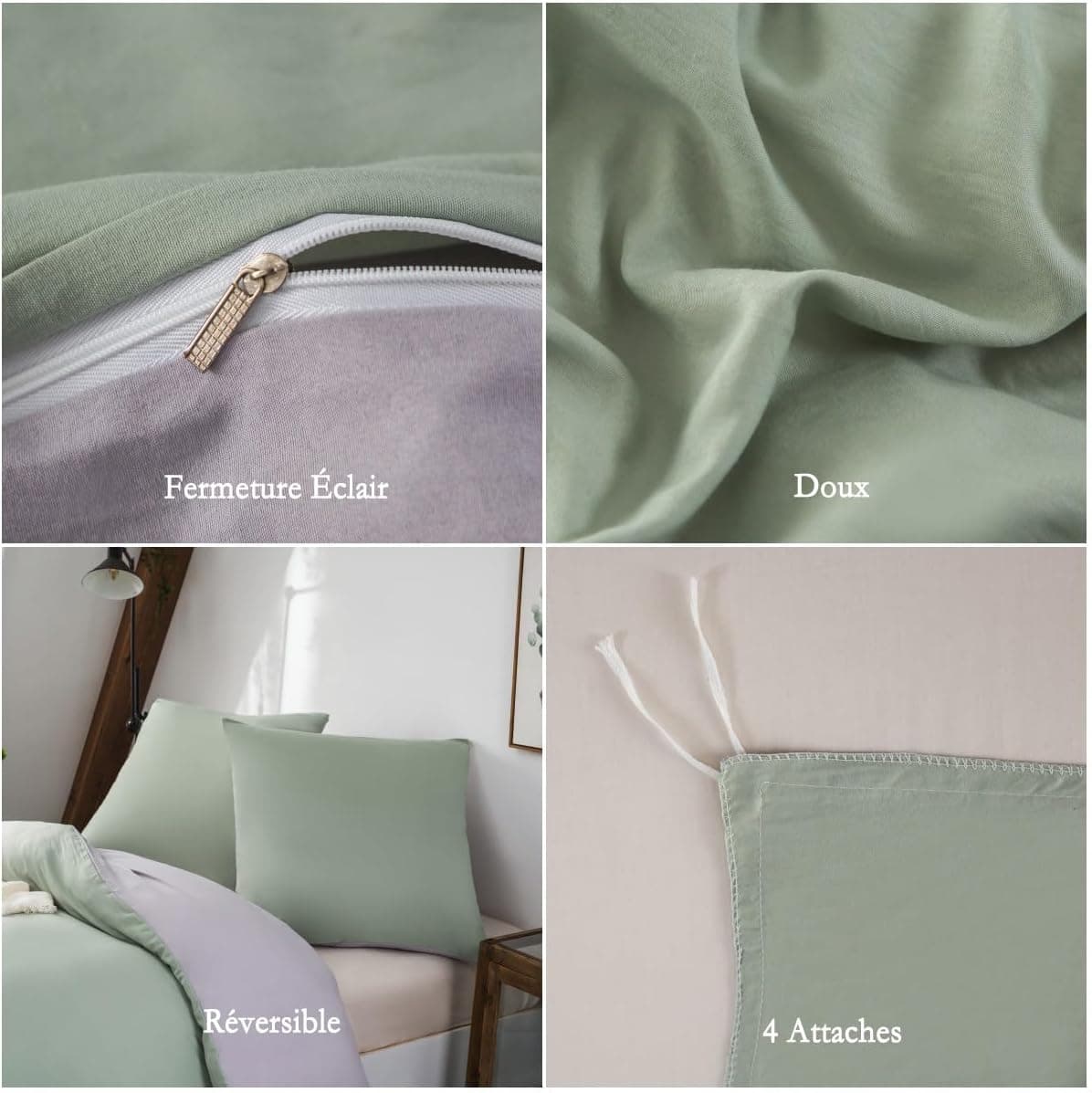MOHAP Housse de Couette Réversible 200x200 / 65x65x2 cm Coton lavé Vert Parure de Lit Aspect Ridée Naturel Bicolore pour 2 Personnes Fermeture Éclair Sets de Housse Couette 6