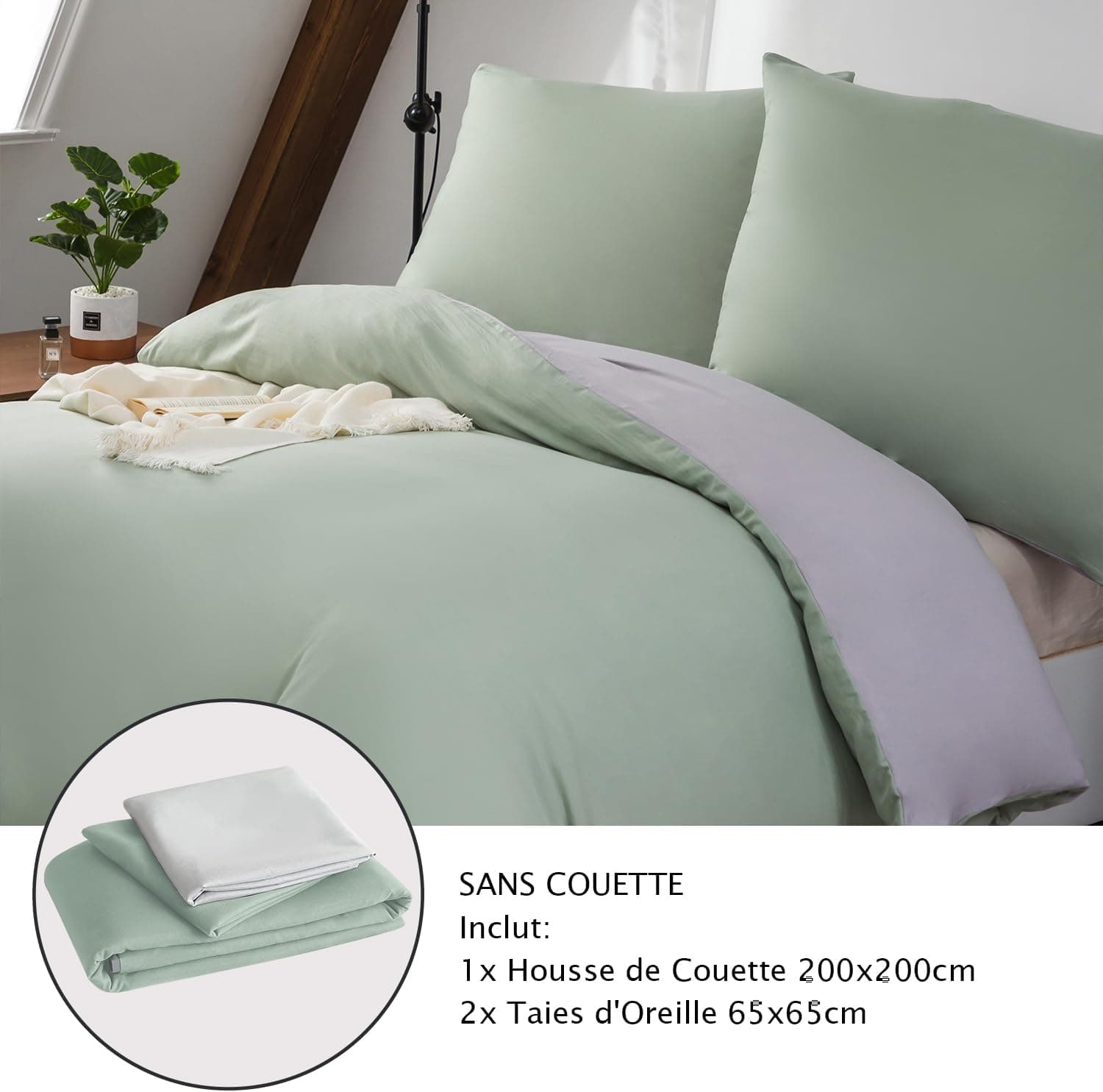 MOHAP Housse de Couette Réversible 200x200 / 65x65x2 cm Coton lavé Vert Parure de Lit Aspect Ridée Naturel Bicolore pour 2 Personnes Fermeture Éclair Sets de Housse Couette 7