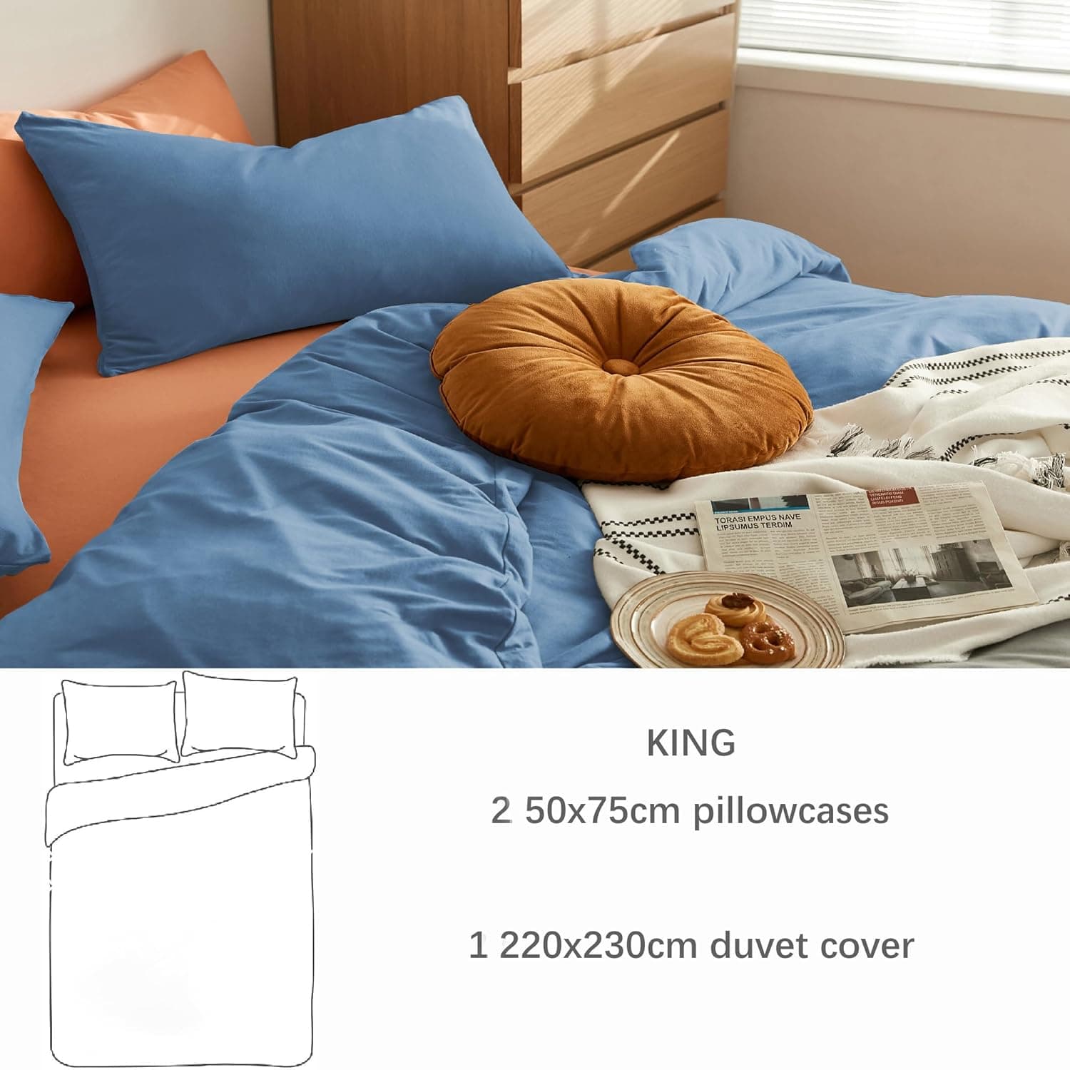 MOHAP Parure de lit chaude 3 pièces en microfibre brossée unie avec 1 housse de couette avec 2 fermetures éclair et 2 taies d'oreiller Bleu denim 6