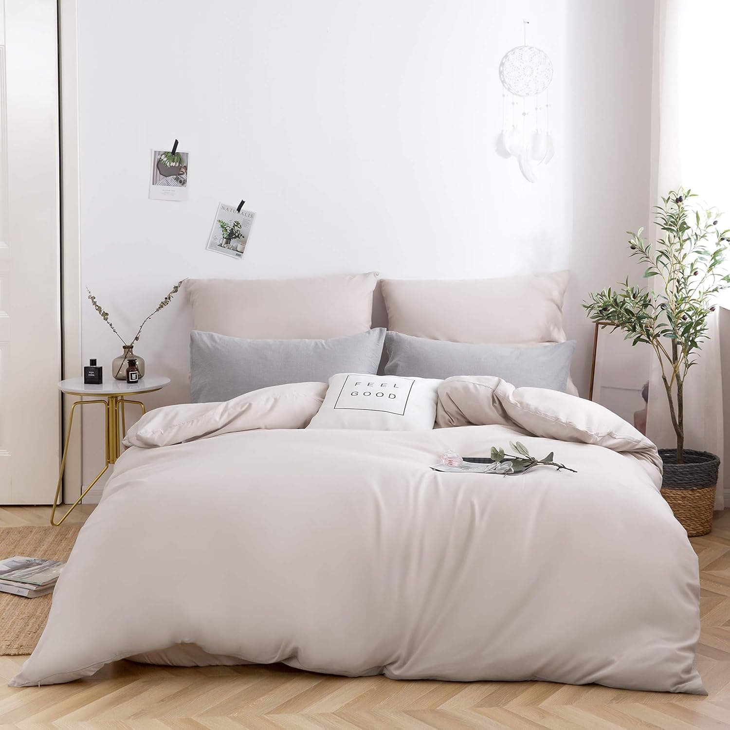 Parure de lit en microfibre brossée 1 housse de couette 155 x 220 cm + 1 taie d'oreiller 80 x 80 cm avec fermeture éclair Beige