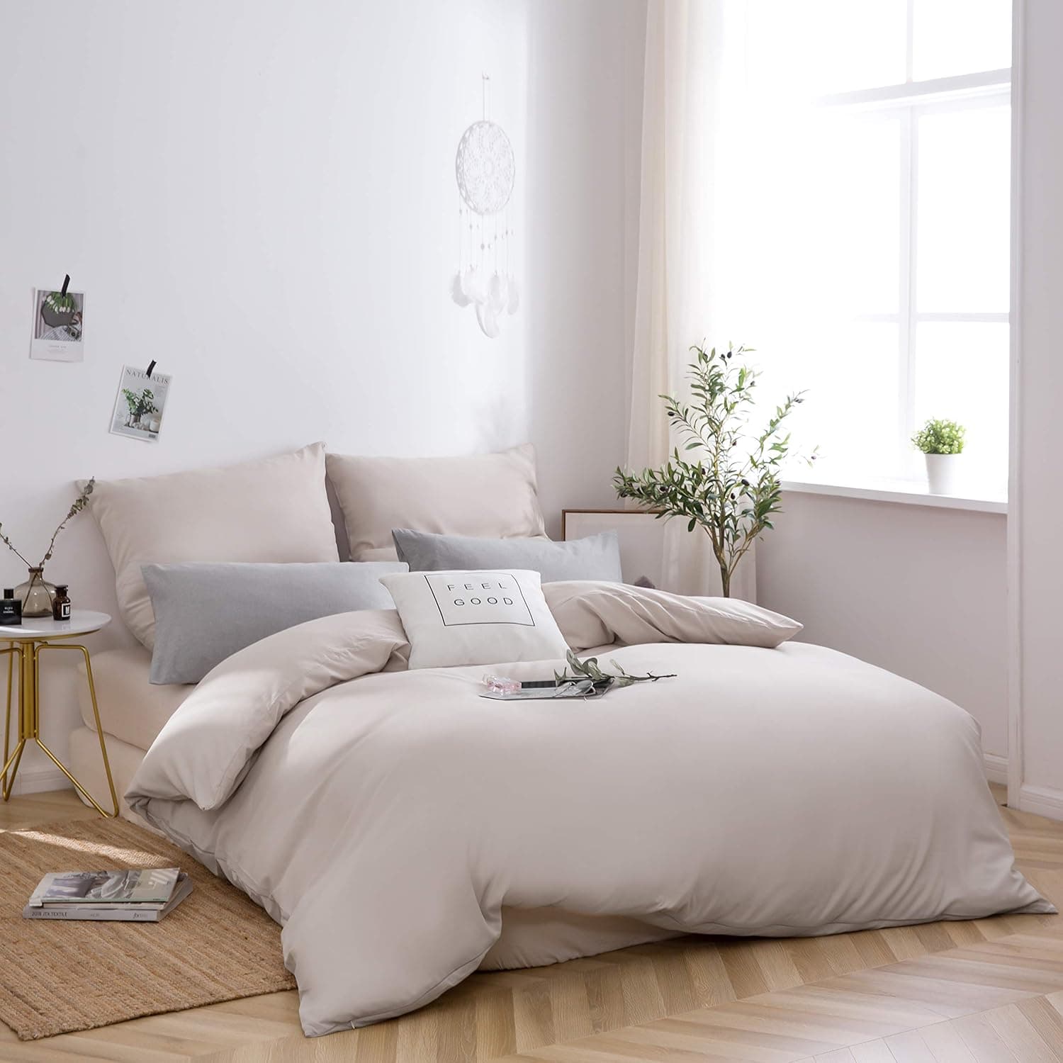 Parure de lit en microfibre brossée 1 housse de couette 155 x 220 cm + 1 taie d'oreiller 80 x 80 cm avec fermeture éclair Beige 3