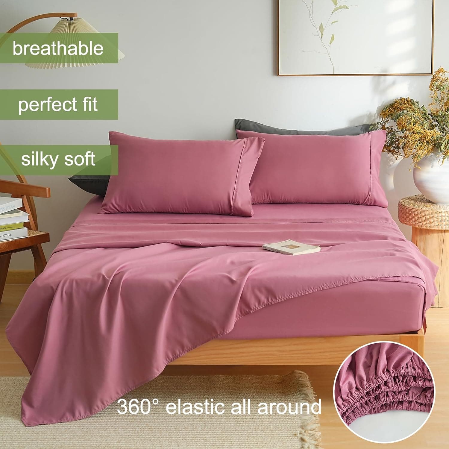 Mohap Bed Sheet Set 4 Pieces Double Brushed Microfiber 1800 - Breathable All Season Luxury Soft Bedding - Queen Vintage Pink 2