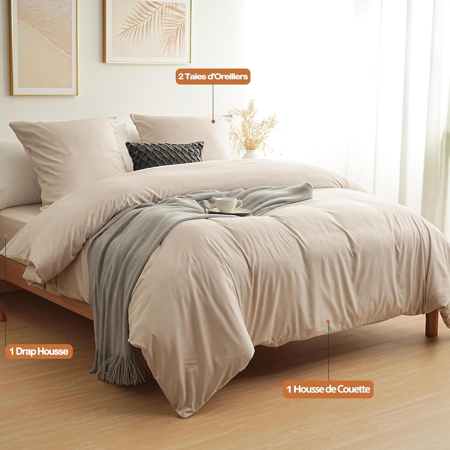MOHAP Parure de Lit 4 Pièces Housse de Couette 240x260cm + Drap Housse 160x200cm avec 2 taies d'oreillers 65x65cm Beige pour 2 Personnes Parure 120 Fils/cm² en Microfibre 2