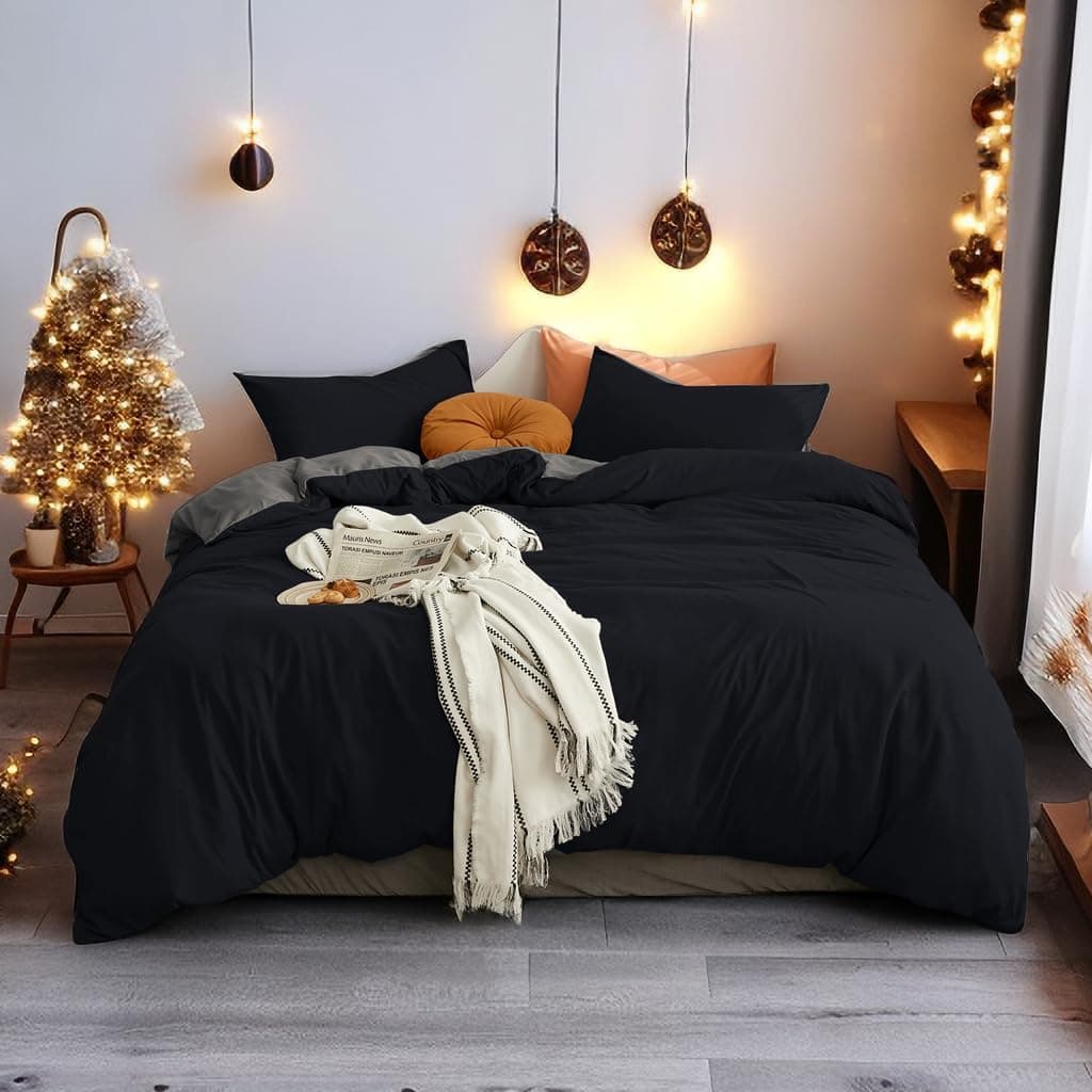 MOHAP Housse de Couette 200x200 / 50x70x2 cm Noir+Gris Parure de Lit pour 2 Personnes Fermeture Éclair Sets de Housse Couette