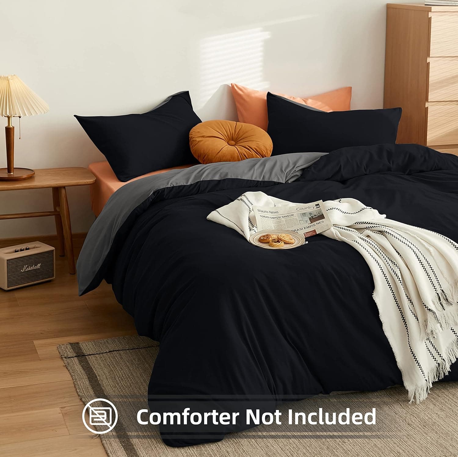 MOHAP Housse de Couette 200x200 / 50x70x2 cm Noir+Gris Parure de Lit pour 2 Personnes Fermeture Éclair Sets de Housse Couette 2