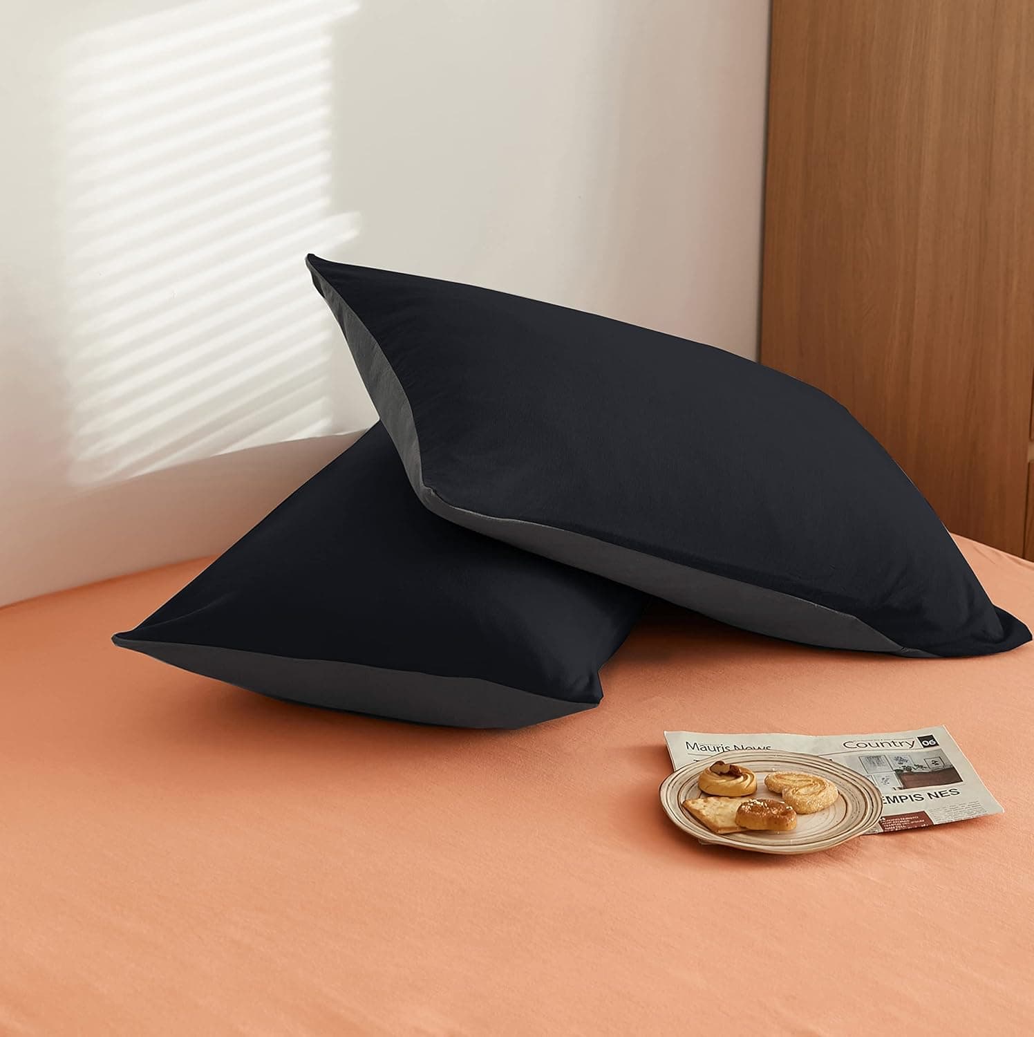 MOHAP Housse de Couette 200x200 / 50x70x2 cm Noir+Gris Parure de Lit pour 2 Personnes Fermeture Éclair Sets de Housse Couette 6