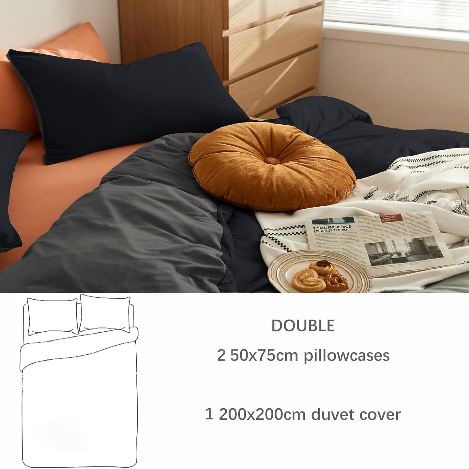 MOHAP Housse de Couette 200x200 / 50x70x2 cm Noir+Gris Parure de Lit pour 2 Personnes Fermeture Éclair Sets de Housse Couette 7