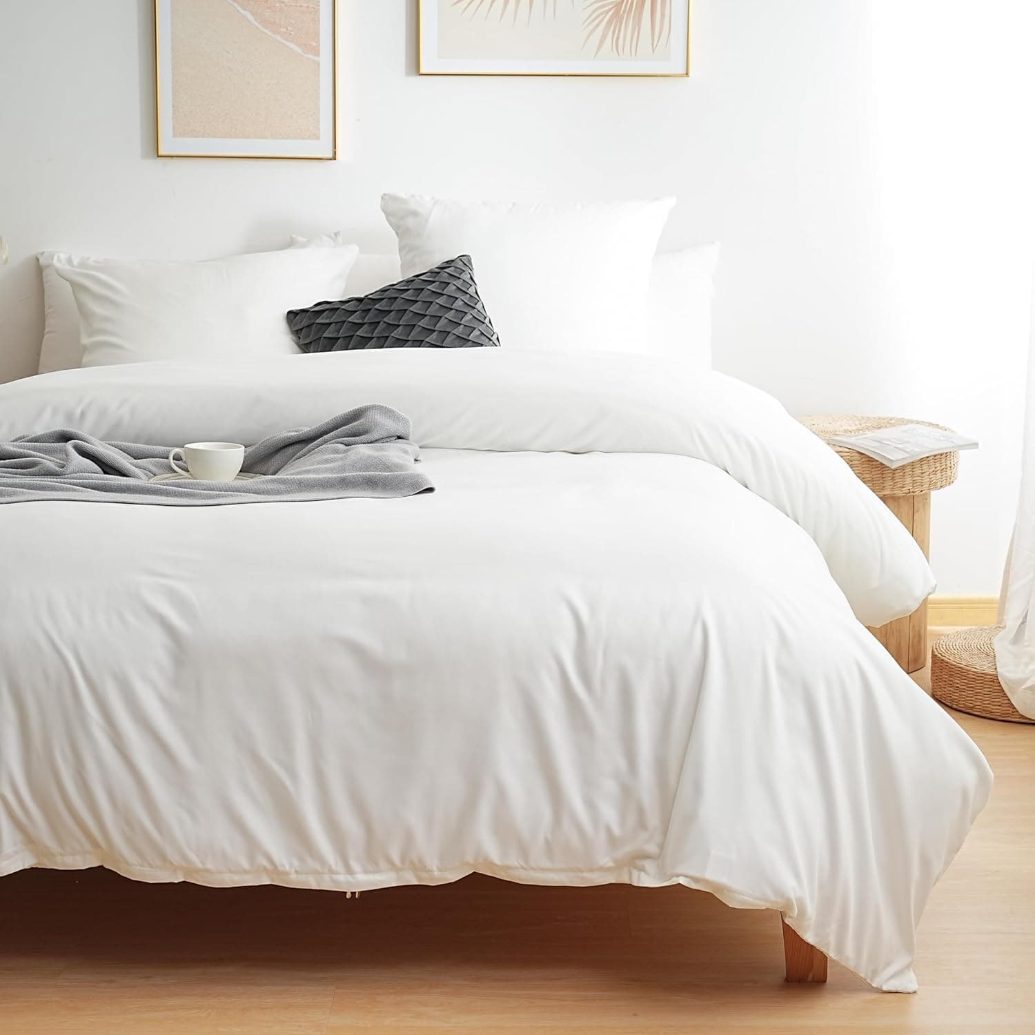 MOHAP Parure de Lit 4 Pièces Housse de Couette 220x240cm + Drap Housse 160x200cm avec 2 taies d'oreillers 65x65cm Blanc pour 2 Personnes Parure 120 Fils/cm² en Microfibre 4