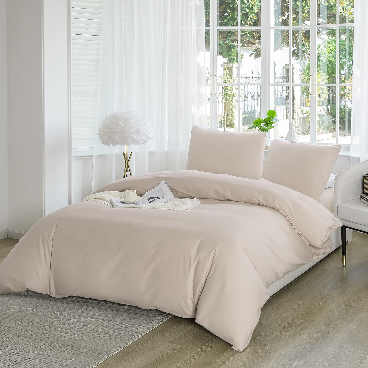 MOHAP Parure de Lit 4 Pièces Housse de Couette 220x240cm + Drap Housse 140x190/200cm avec 2 taies d'oreillers 65x65cm Beige pour 2 Personnes Parure 100 Fils/cm² en Microfibre 2