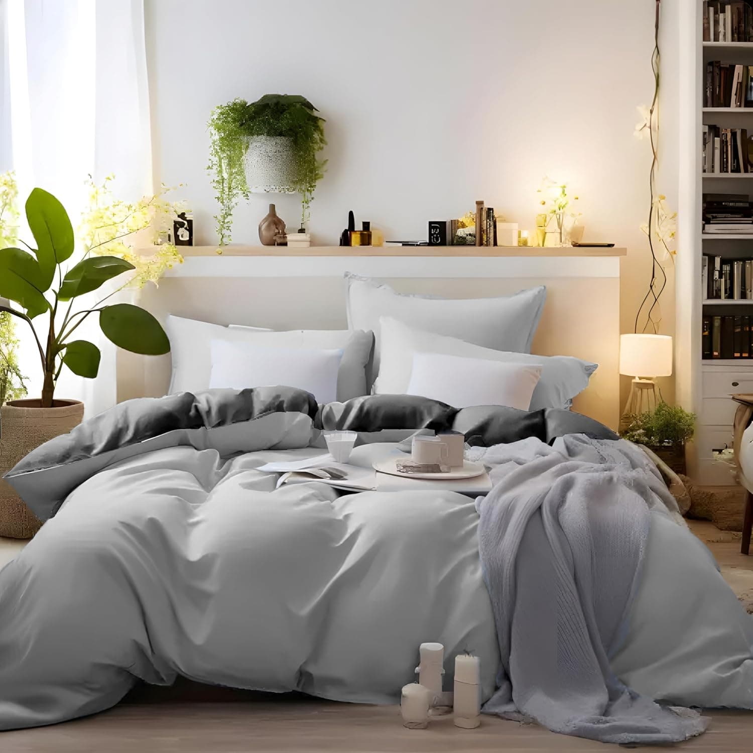 MOHAP Warm Bedding Double Duvet Cover Set 3 PCS Plain Brushed Microfiber Bedding 1 Duvet Cover with 2 Zippers and 2 Pillowcases Dark Grey+Light Grey