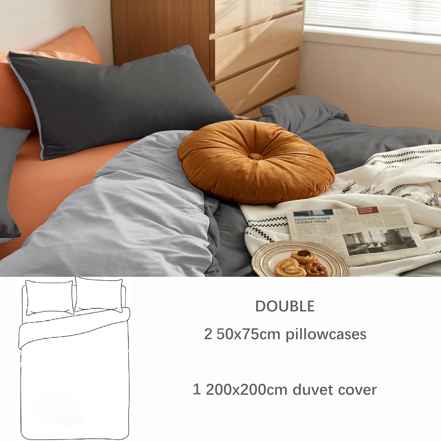 MOHAP Warm Bedding Double Duvet Cover Set 3 PCS Plain Brushed Microfiber Bedding 1 Duvet Cover with 2 Zippers and 2 Pillowcases Dark Grey+Light Grey 5