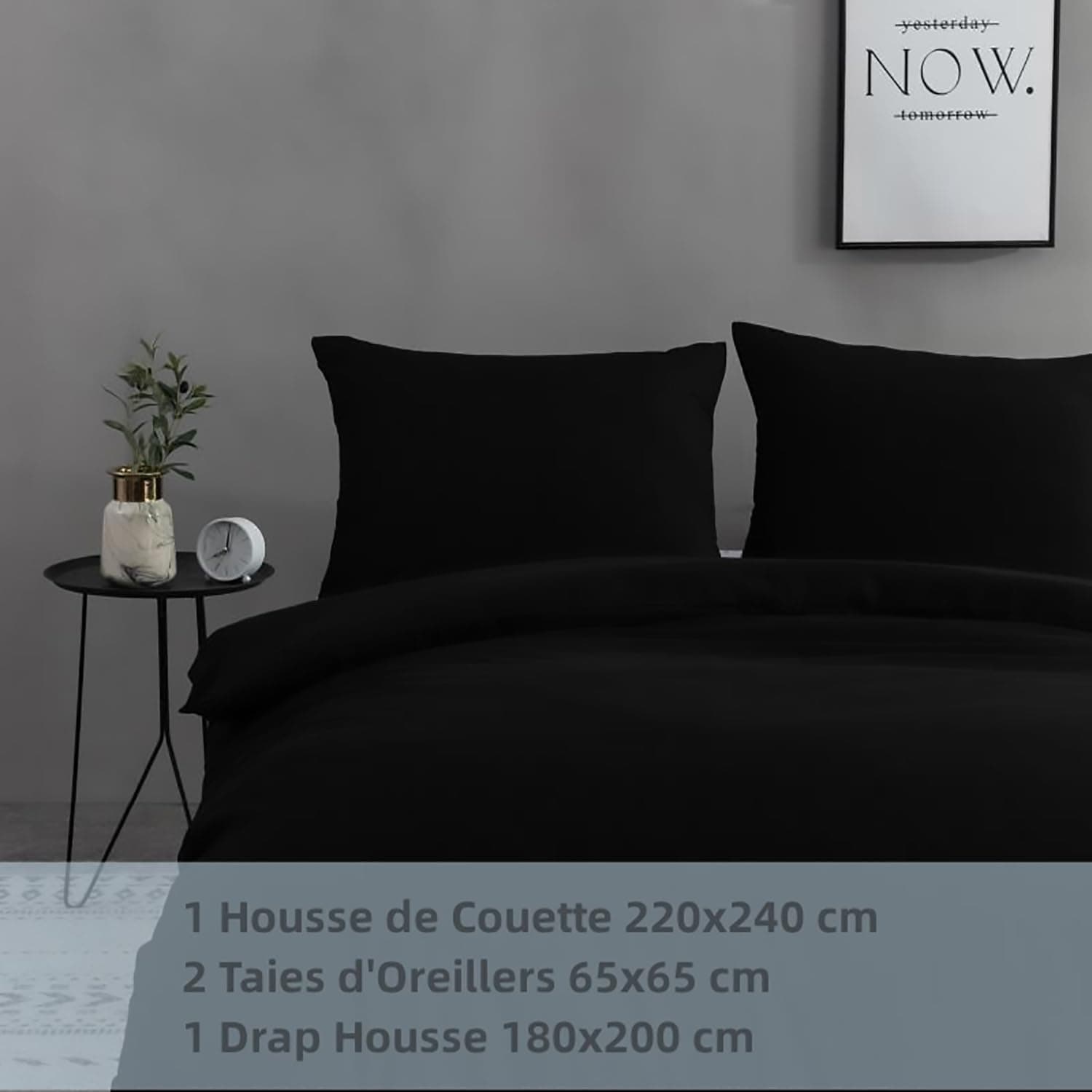 MOHAP Parure de Lit 4 Pièces Housse de Couette 220x240cm + Drap Housse 180x200cm avec 2 taies d'oreillers 65x65cm Noir pour 2 Personnes Parure 120 Fils/cm² en Microfibre 8