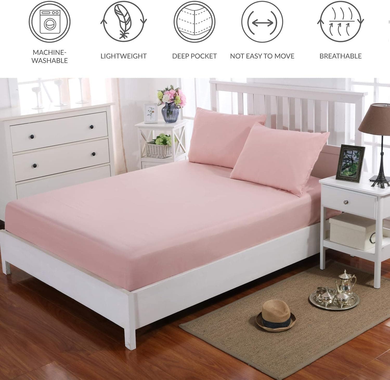 MOHAP Fitted Sheet Set King Size 16" Deep Pocket with 1 Bedsheet and 2 Pillowcases Gift Polyester Pink 8