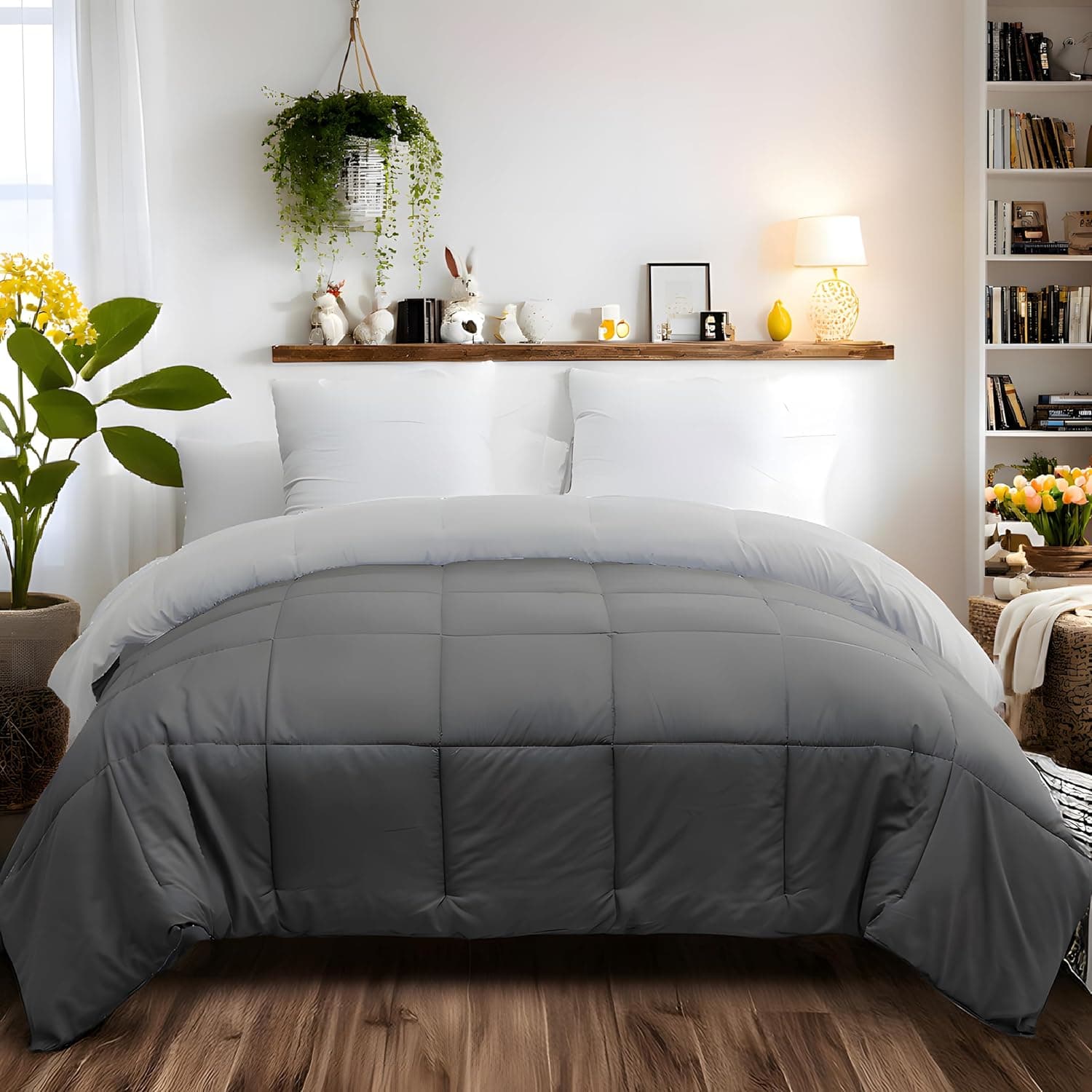 Double Coverless Duvet and Anti Allergy 4.5 Tog All Season Lightweight 150GSM Quilt NO Pillowcases Only Duvet Dark Grey and Light Grey 2