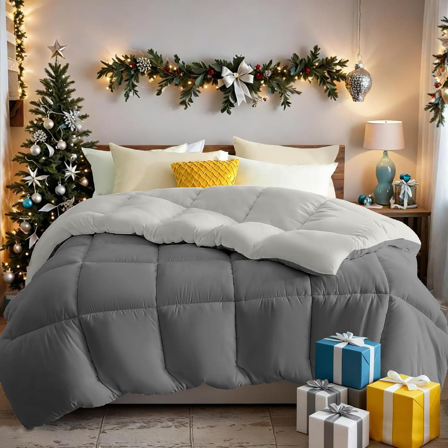 Double Coverless Duvet and Anti Allergy 4.5 Tog All Season Lightweight 150GSM Quilt NO Pillowcases Only Duvet Dark Grey and Light Grey 5