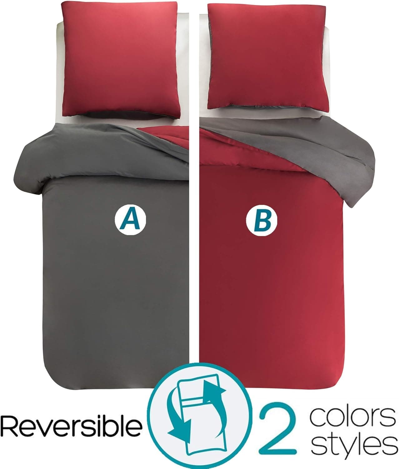 MOHAP Housse de Couette Réversible 220x240 / 65x65x2 cm Rouge + Gris Foncé Parure de Lit Bicolore pour 2 Personnes Fermeture Éclair Sets de Housse Couette 3