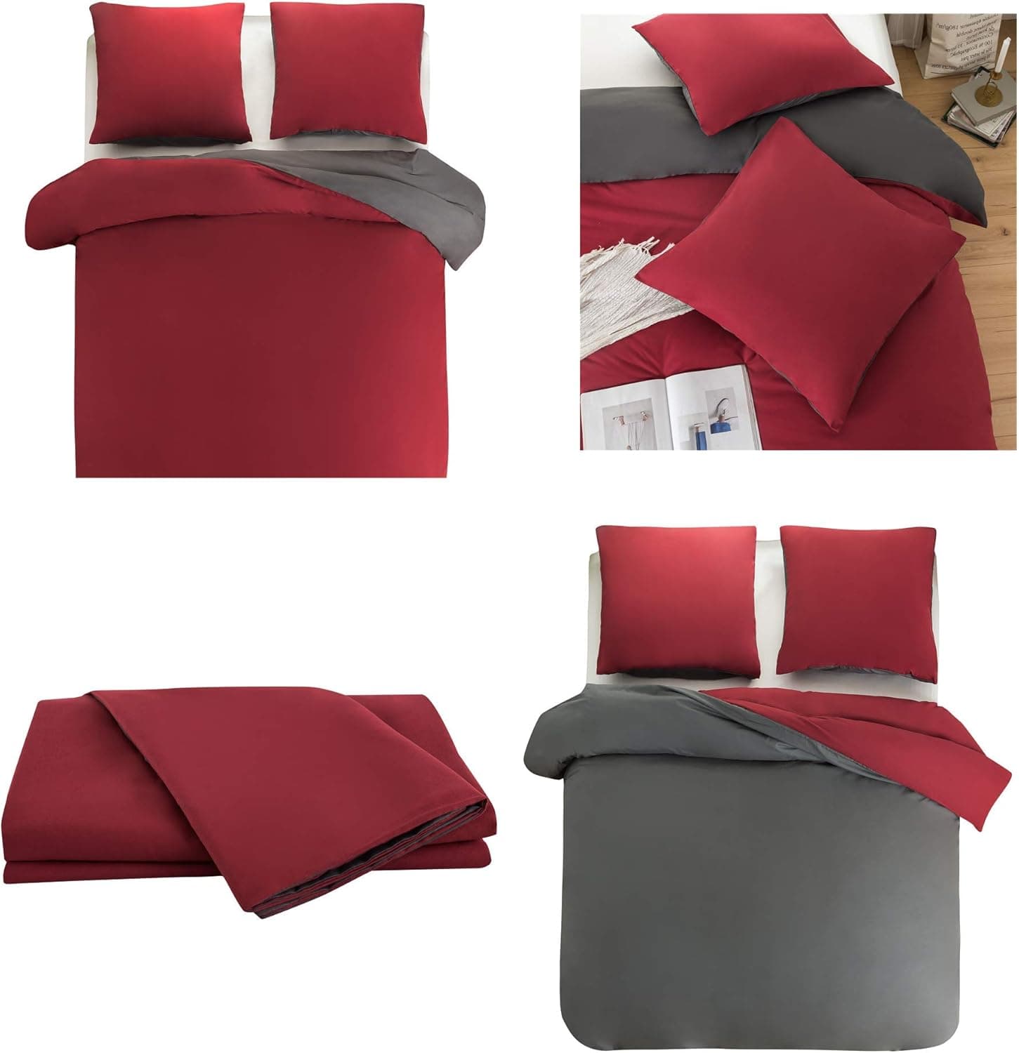 MOHAP Housse de Couette Réversible 220x240 / 65x65x2 cm Rouge + Gris Foncé Parure de Lit Bicolore pour 2 Personnes Fermeture Éclair Sets de Housse Couette 4