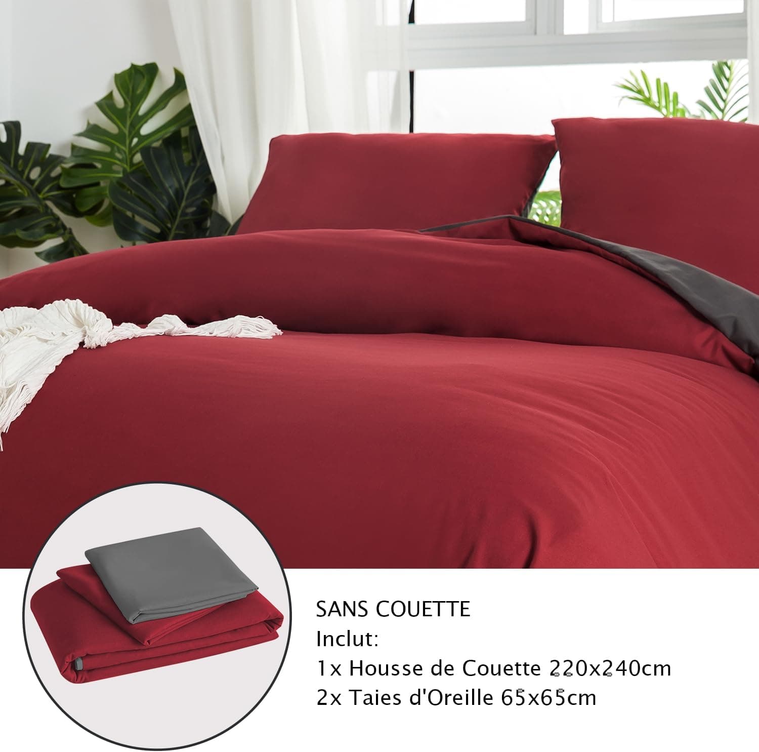 MOHAP Housse de Couette Réversible 220x240 / 65x65x2 cm Rouge + Gris Foncé Parure de Lit Bicolore pour 2 Personnes Fermeture Éclair Sets de Housse Couette 7