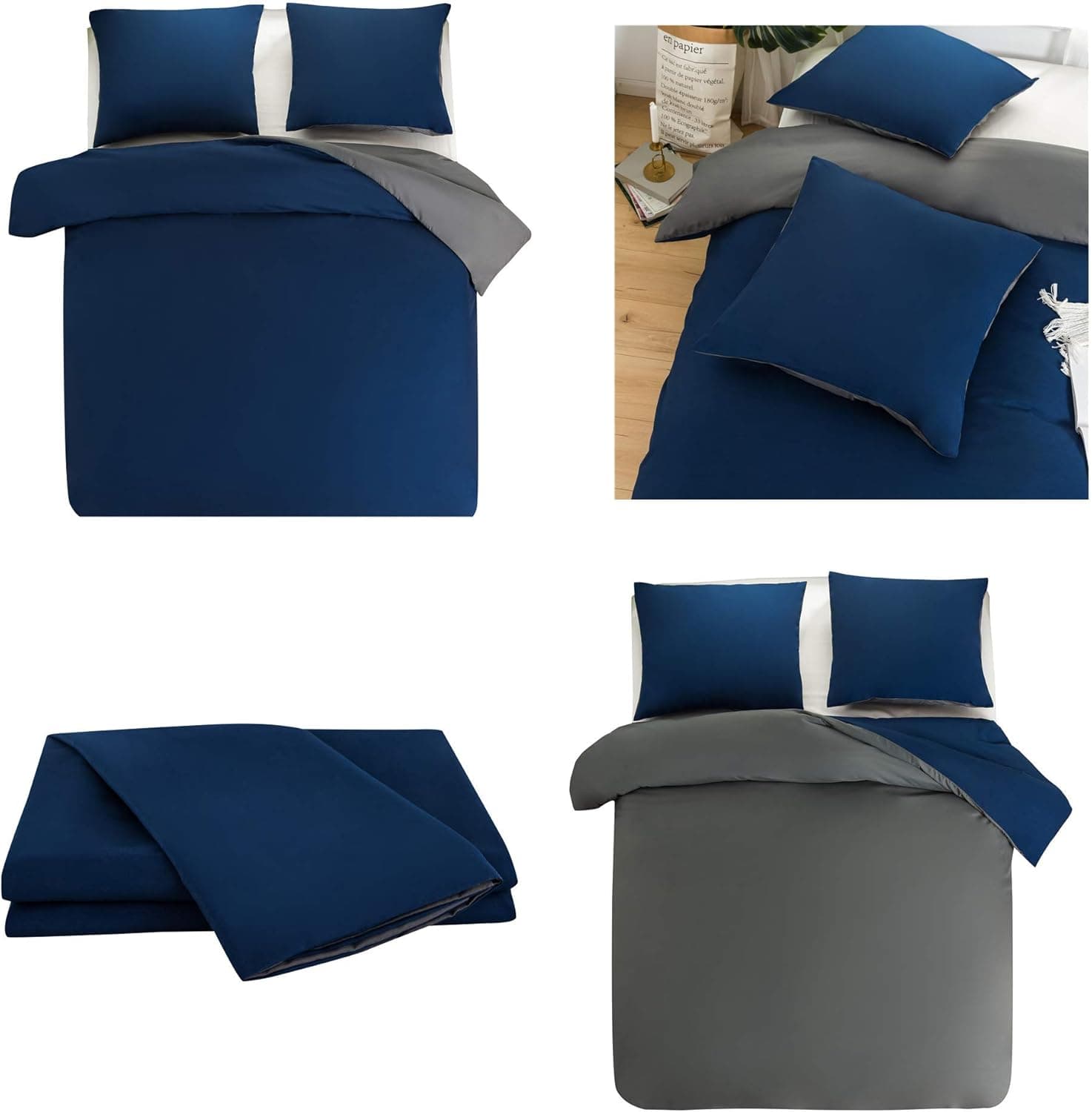 MOHAP Housse de Couette Réversible 220x240 / 65x65x2 cm Bleu + Gris Foncé Parure de Lit Bicolore pour 2 Personnes Fermeture Éclair Sets de Housse Couette 5