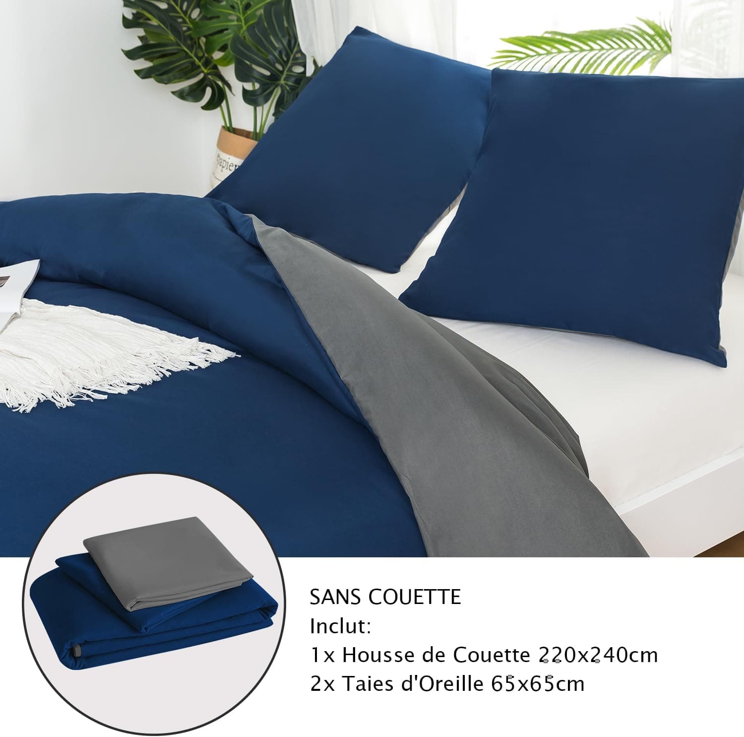 MOHAP Housse de Couette Réversible 220x240 / 65x65x2 cm Bleu + Gris Foncé Parure de Lit Bicolore pour 2 Personnes Fermeture Éclair Sets de Housse Couette 7