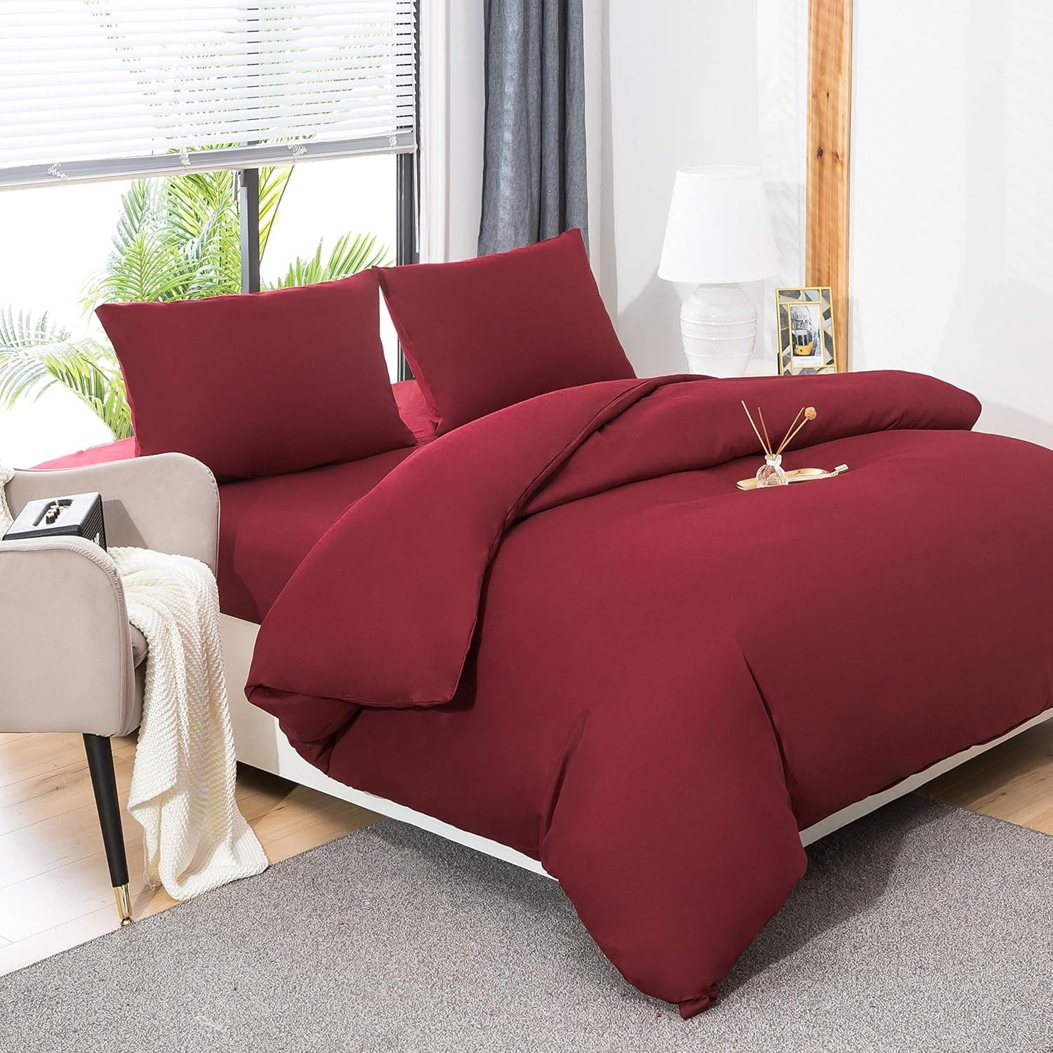 MOHAP Parure de Lit 4 Pièces Housse de Couette 220x240cm + Drap Housse 180x200cm avec 2 taies d'oreillers 65x65cm Rouge pour 2 Personnes Parure 120 Fils/cm² en Microfibre 3