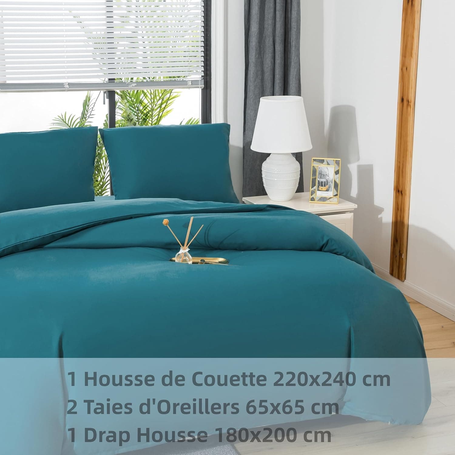 MOHAP Parure de Lit 4 Pièces Housse de Couette 220x240cm + Drap Housse 180x200cm avec 2 taies d'oreillers 65x65cm Bleu Lac pour 2 Personnes Parure 120 Fils/cm² en Microfibre 7