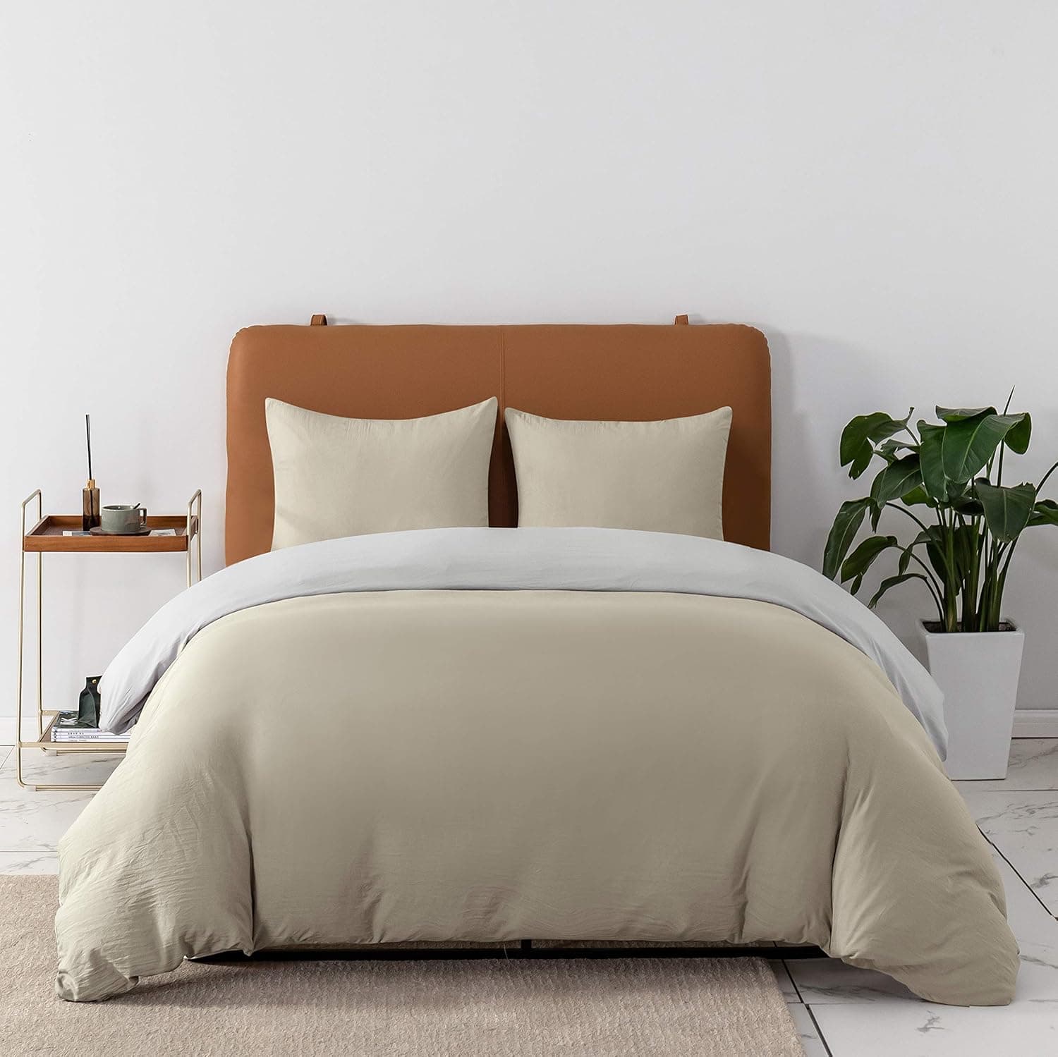 MOHAP Housse de Couette Réversible 140x190/200 cm Coton lavé Beige Taie d'oreiller 65x65x1 cm Parure de Lit Aspect Ridée Naturel Bicolore pour 1 Personne Fermeture Éclair Sets de Housses de couettes