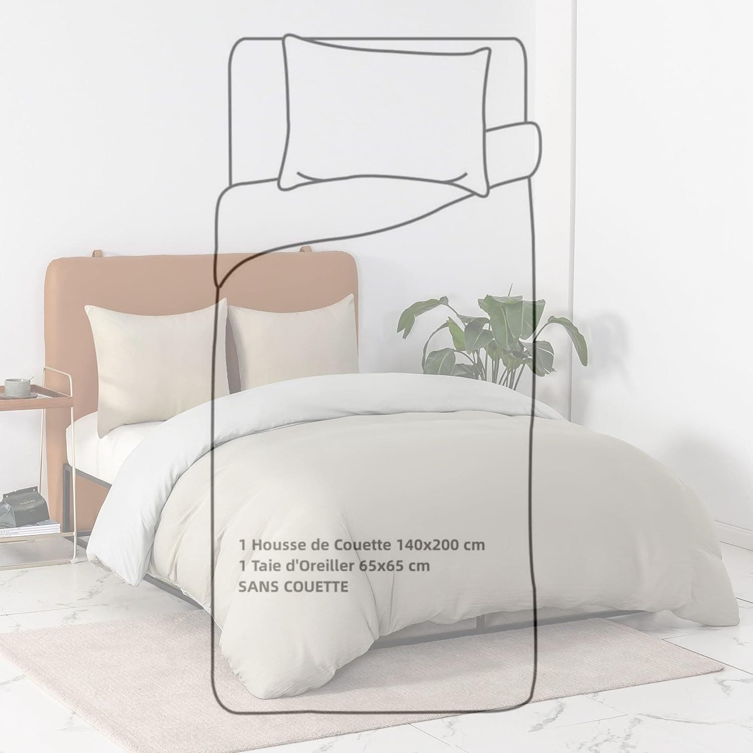 MOHAP Housse de Couette Réversible 140x190/200 cm Coton lavé Beige Taie d'oreiller 65x65x1 cm Parure de Lit Aspect Ridée Naturel Bicolore pour 1 Personne Fermeture Éclair Sets de Housses de couettes 2