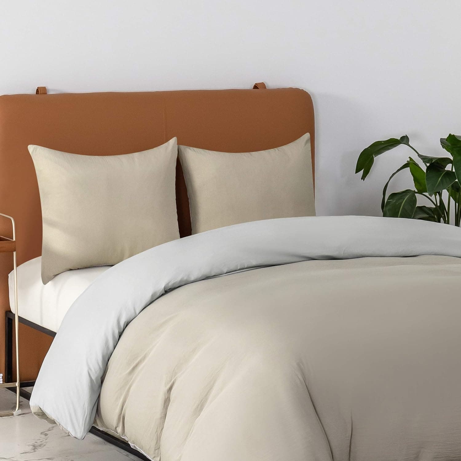 MOHAP Housse de Couette Réversible 140x190/200 cm Coton lavé Beige Taie d'oreiller 65x65x1 cm Parure de Lit Aspect Ridée Naturel Bicolore pour 1 Personne Fermeture Éclair Sets de Housses de couettes 5