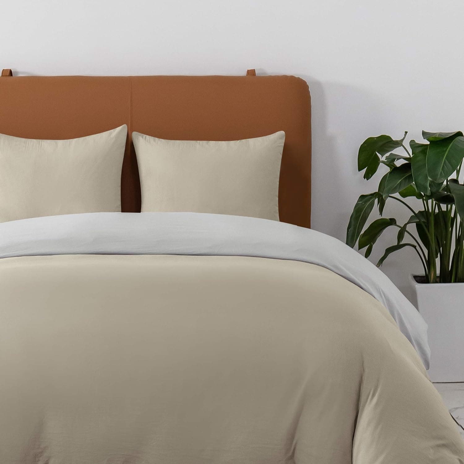 MOHAP Housse de Couette Réversible 140x190/200 cm Coton lavé Beige Taie d'oreiller 65x65x1 cm Parure de Lit Aspect Ridée Naturel Bicolore pour 1 Personne Fermeture Éclair Sets de Housses de couettes 7