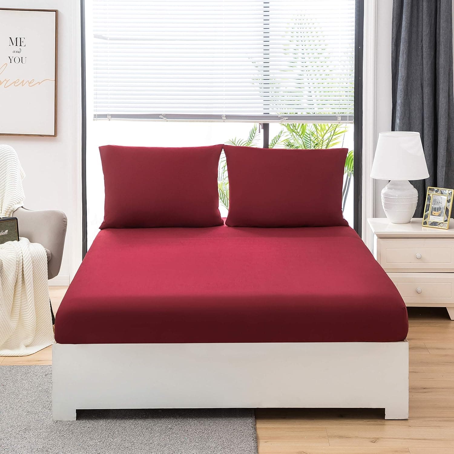 MOHAP Parure de Lit 4 Pièces Housse de Couette 220x240cm + Drap Housse 140x190/200cm avec 2 taies d'oreillers 65x65cm Rouge pour 2 Personnes Parure 120 Fils/cm² en Microfibre 4