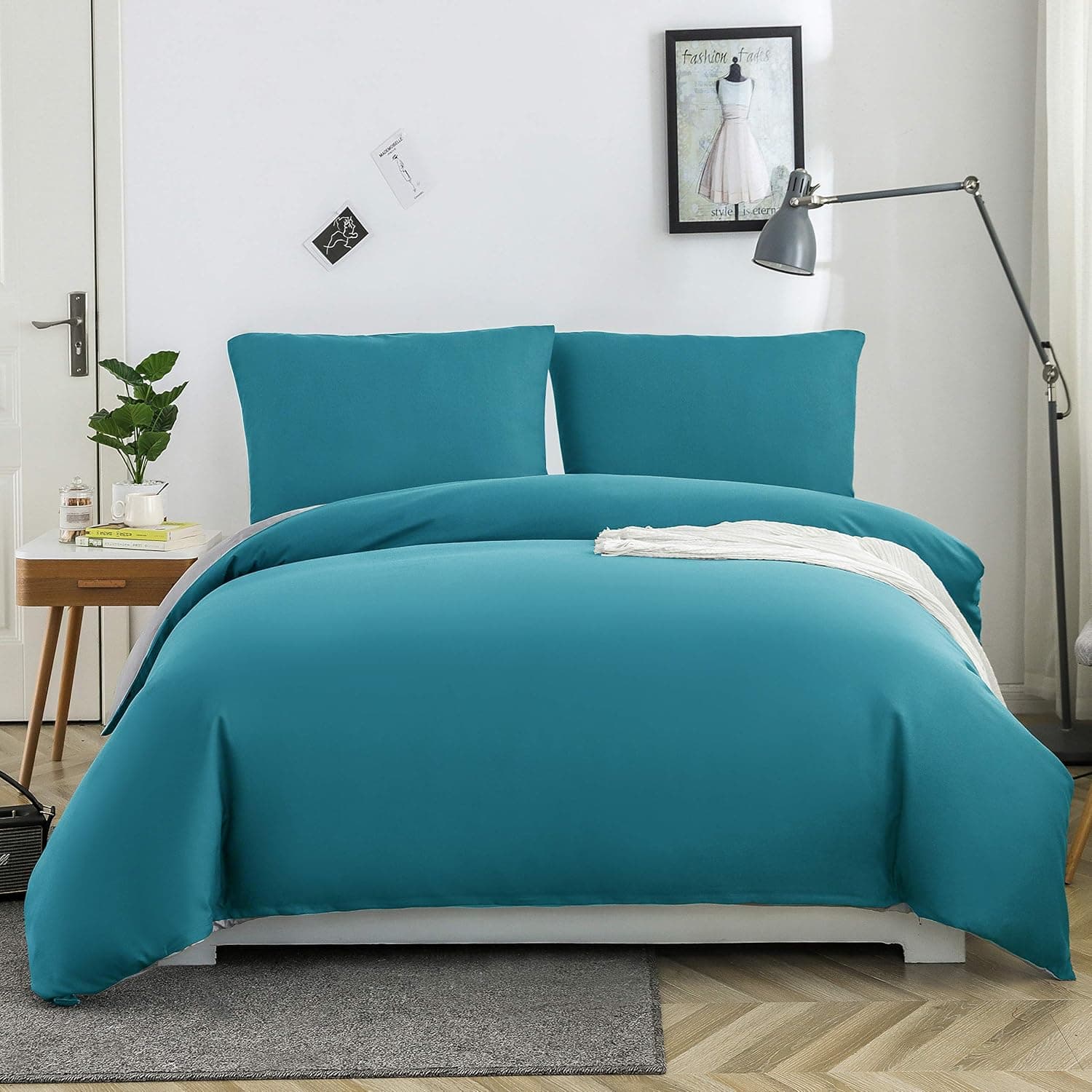 MOHAP Housse de Couette Réversible 220x240 / 65x65x2 cm Bleu Lac + Gris Parure de Lit Bicolore pour 2 Personnes Fermeture Éclair Sets de Housse Couette