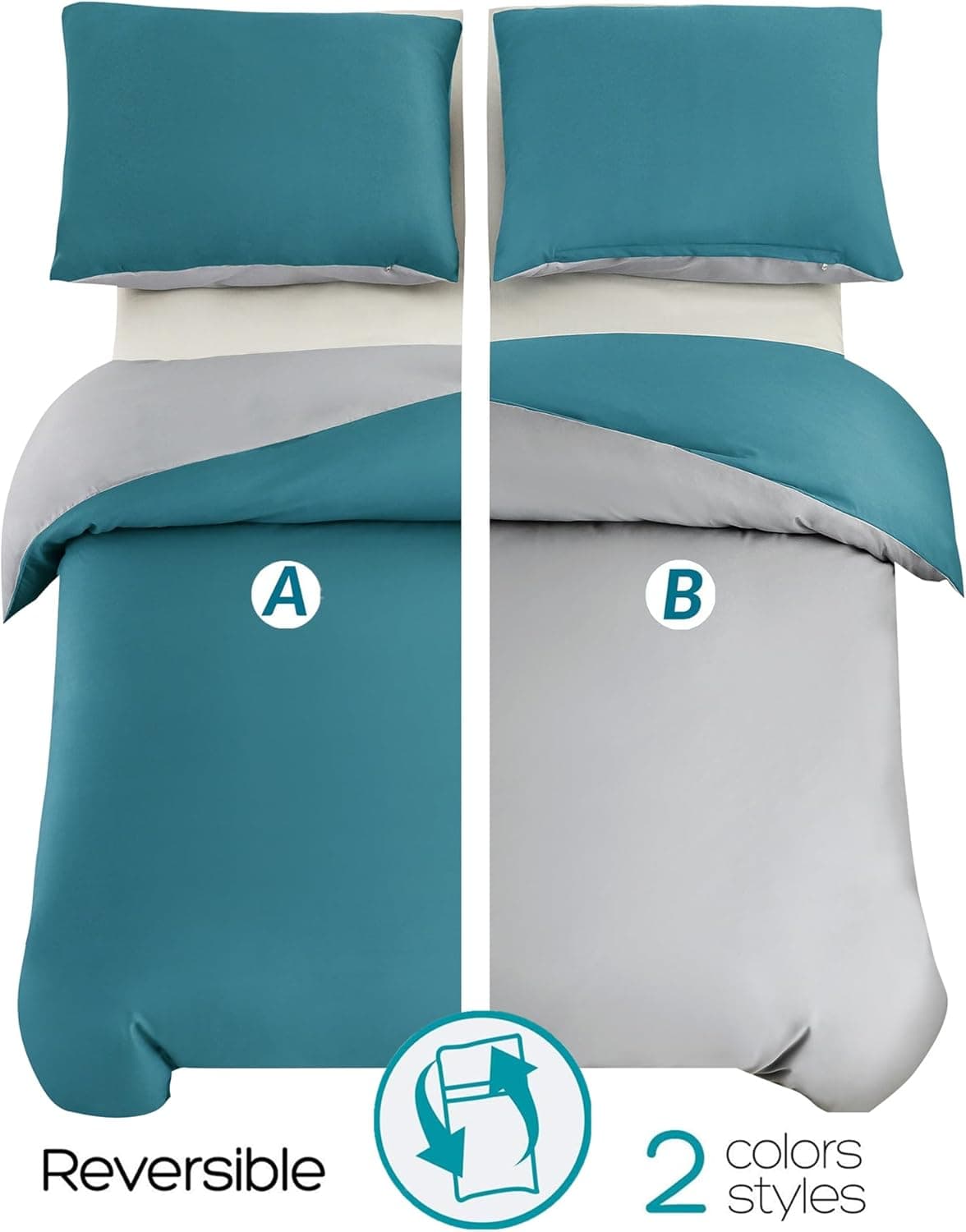 MOHAP Housse de Couette Réversible 220x240 / 65x65x2 cm Bleu Lac + Gris Parure de Lit Bicolore pour 2 Personnes Fermeture Éclair Sets de Housse Couette 2