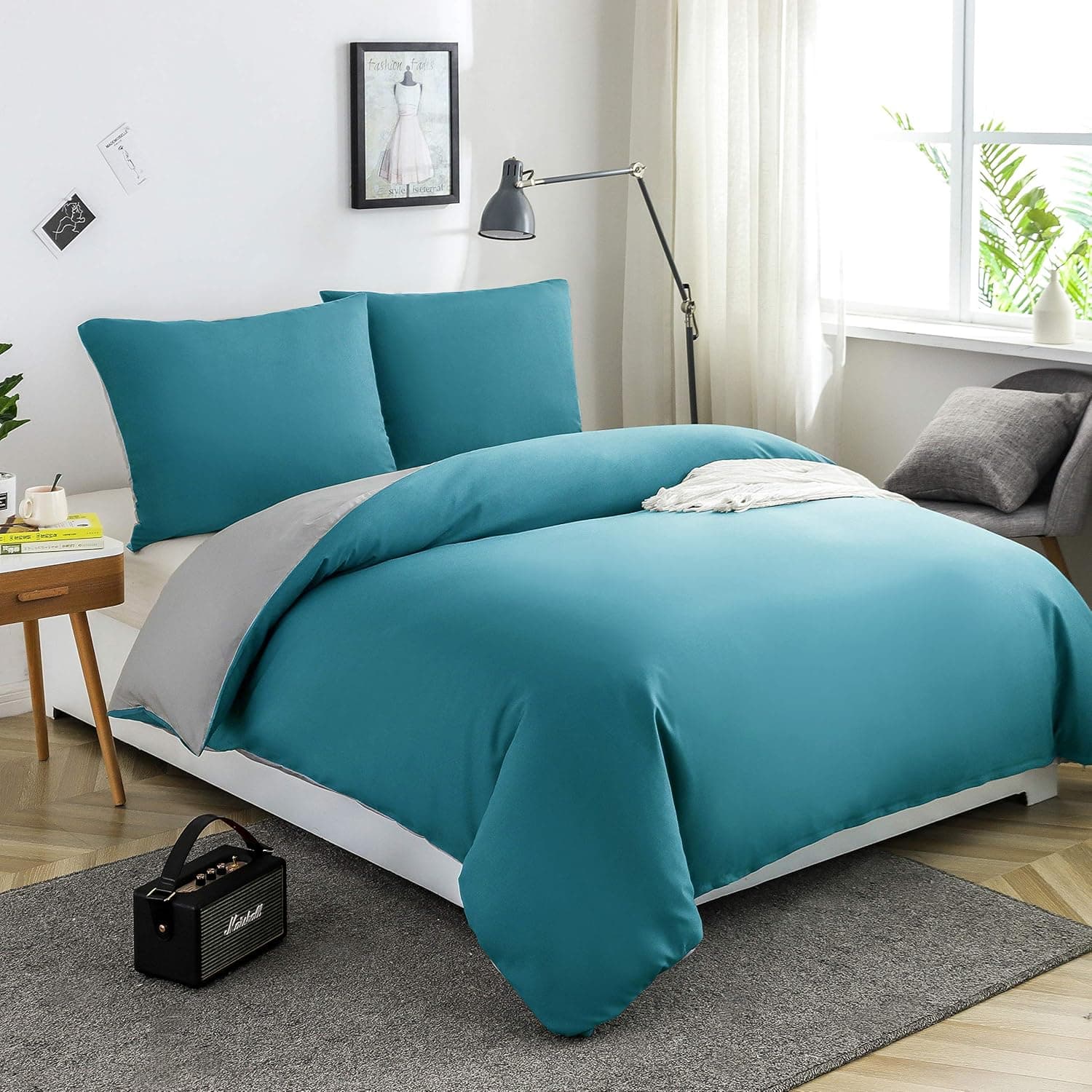 MOHAP Housse de Couette Réversible 220x240 / 65x65x2 cm Bleu Lac + Gris Parure de Lit Bicolore pour 2 Personnes Fermeture Éclair Sets de Housse Couette 3