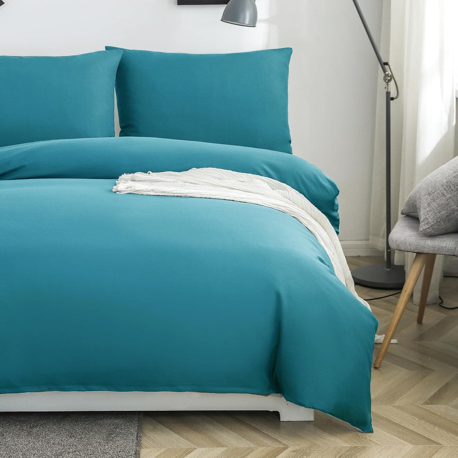 MOHAP Housse de Couette Réversible 220x240 / 65x65x2 cm Bleu Lac + Gris Parure de Lit Bicolore pour 2 Personnes Fermeture Éclair Sets de Housse Couette 4