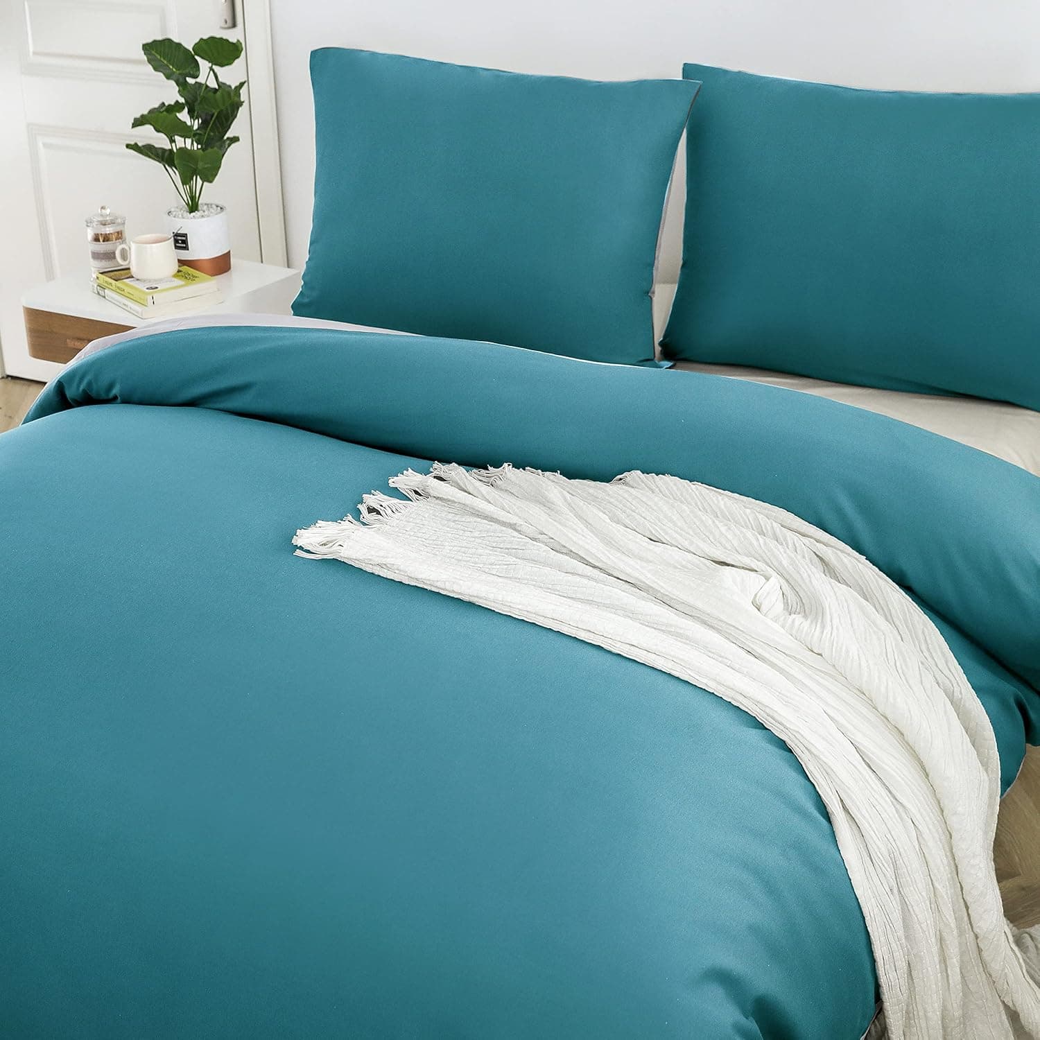 MOHAP Housse de Couette Réversible 220x240 / 65x65x2 cm Bleu Lac + Gris Parure de Lit Bicolore pour 2 Personnes Fermeture Éclair Sets de Housse Couette 5