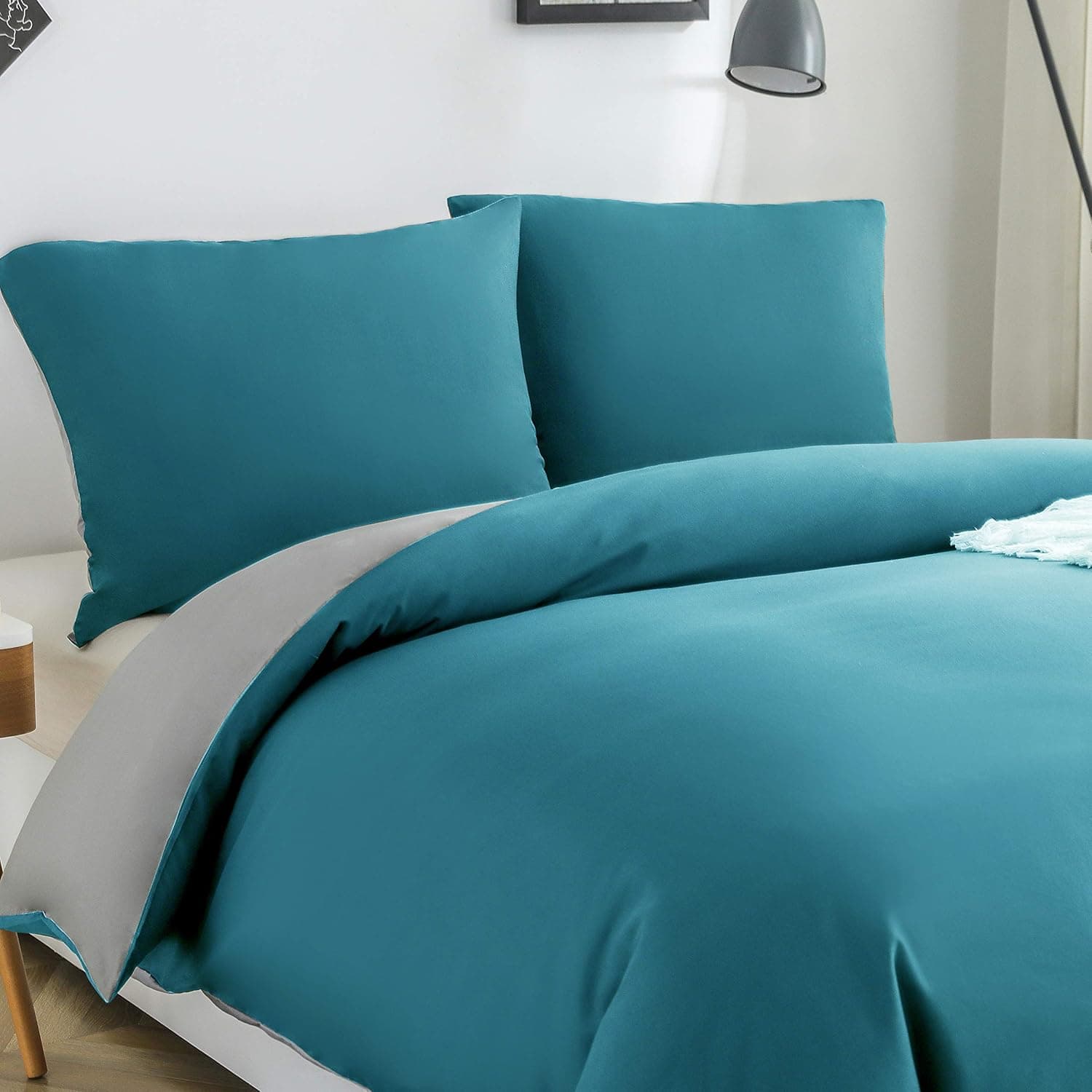 MOHAP Housse de Couette Réversible 220x240 / 65x65x2 cm Bleu Lac + Gris Parure de Lit Bicolore pour 2 Personnes Fermeture Éclair Sets de Housse Couette 6