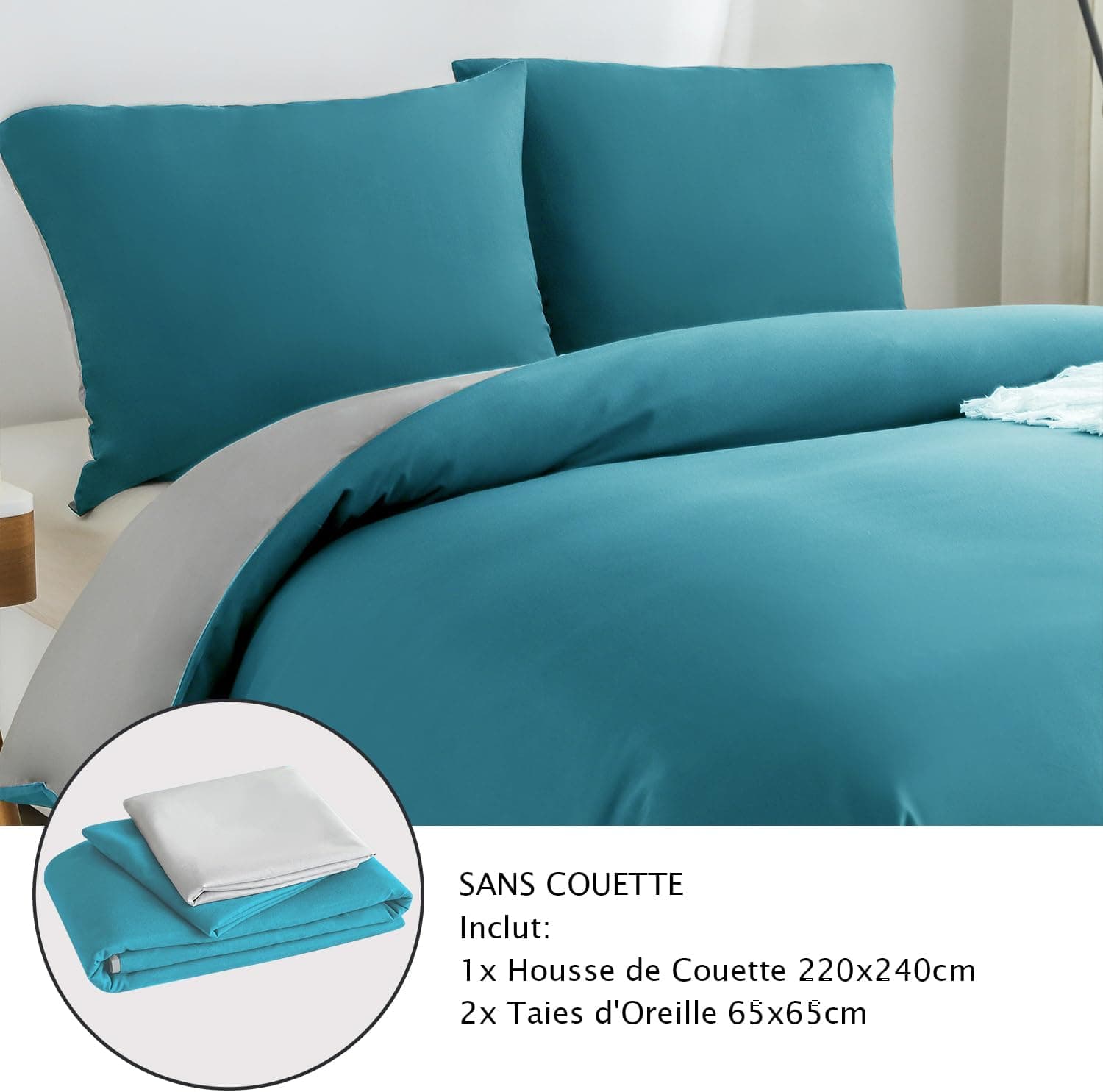 MOHAP Housse de Couette Réversible 220x240 / 65x65x2 cm Bleu Lac + Gris Parure de Lit Bicolore pour 2 Personnes Fermeture Éclair Sets de Housse Couette 8