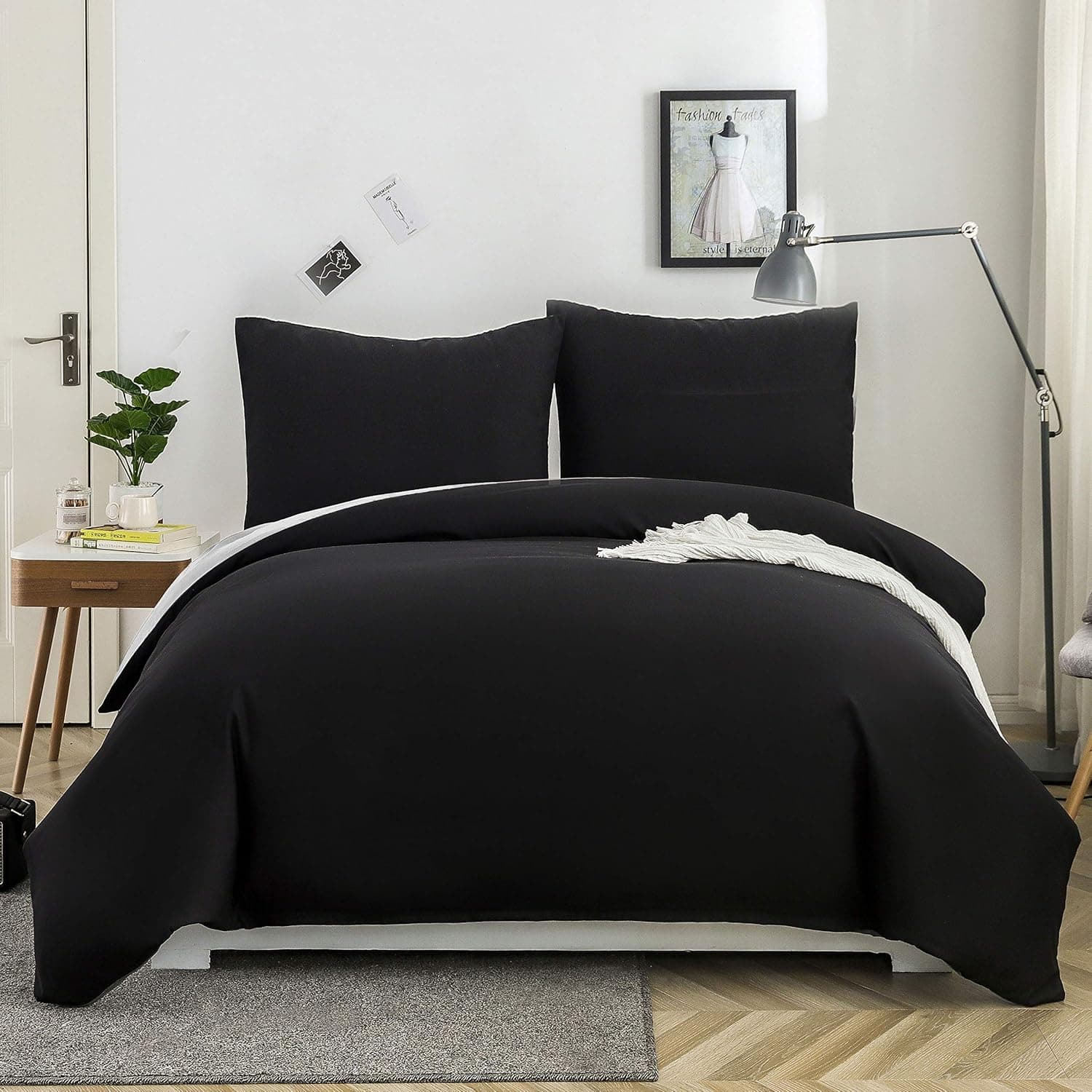 MOHAP Housse de Couette Réversible 220x240 / 65x65x2 cm Noir + Gris Parure de Lit Bicolore pour 2 Personnes Fermeture Éclair Sets de Housse Couette