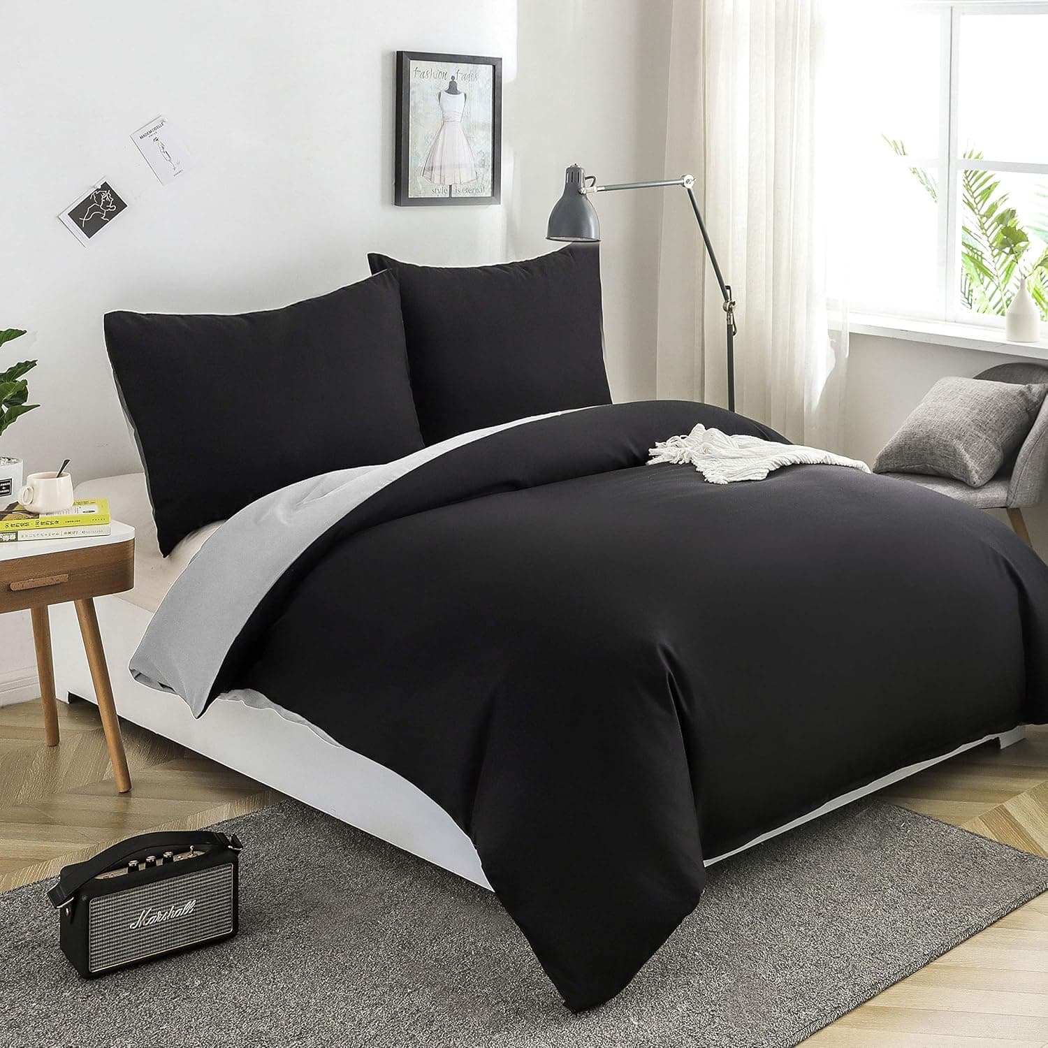 MOHAP Housse de Couette Réversible 220x240 / 65x65x2 cm Noir + Gris Parure de Lit Bicolore pour 2 Personnes Fermeture Éclair Sets de Housse Couette 2