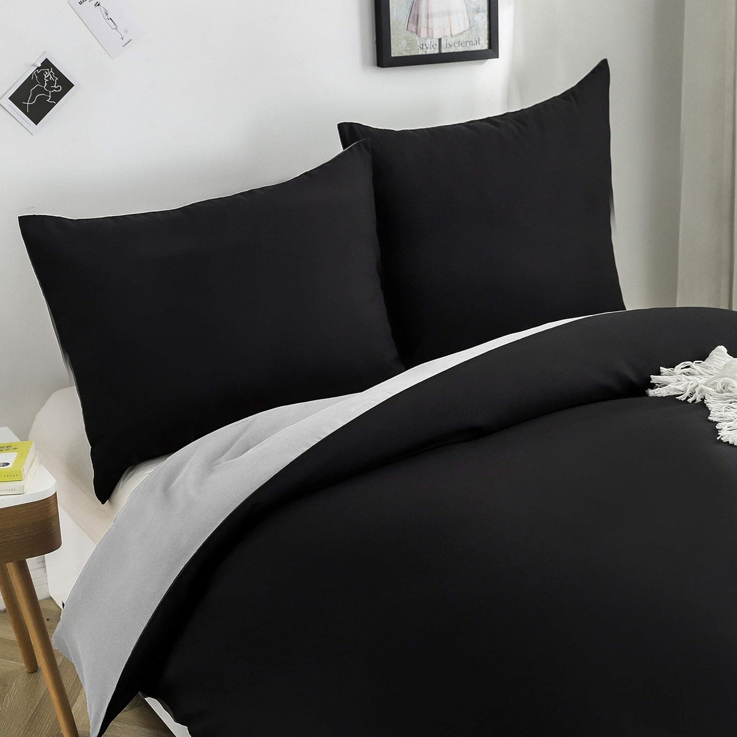 MOHAP Housse de Couette Réversible 220x240 / 65x65x2 cm Noir + Gris Parure de Lit Bicolore pour 2 Personnes Fermeture Éclair Sets de Housse Couette 3