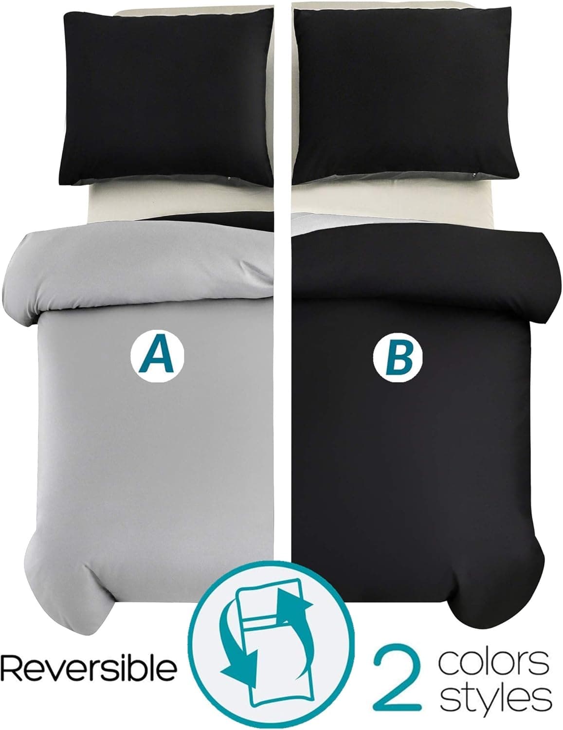 MOHAP Housse de Couette Réversible 220x240 / 65x65x2 cm Noir + Gris Parure de Lit Bicolore pour 2 Personnes Fermeture Éclair Sets de Housse Couette 4