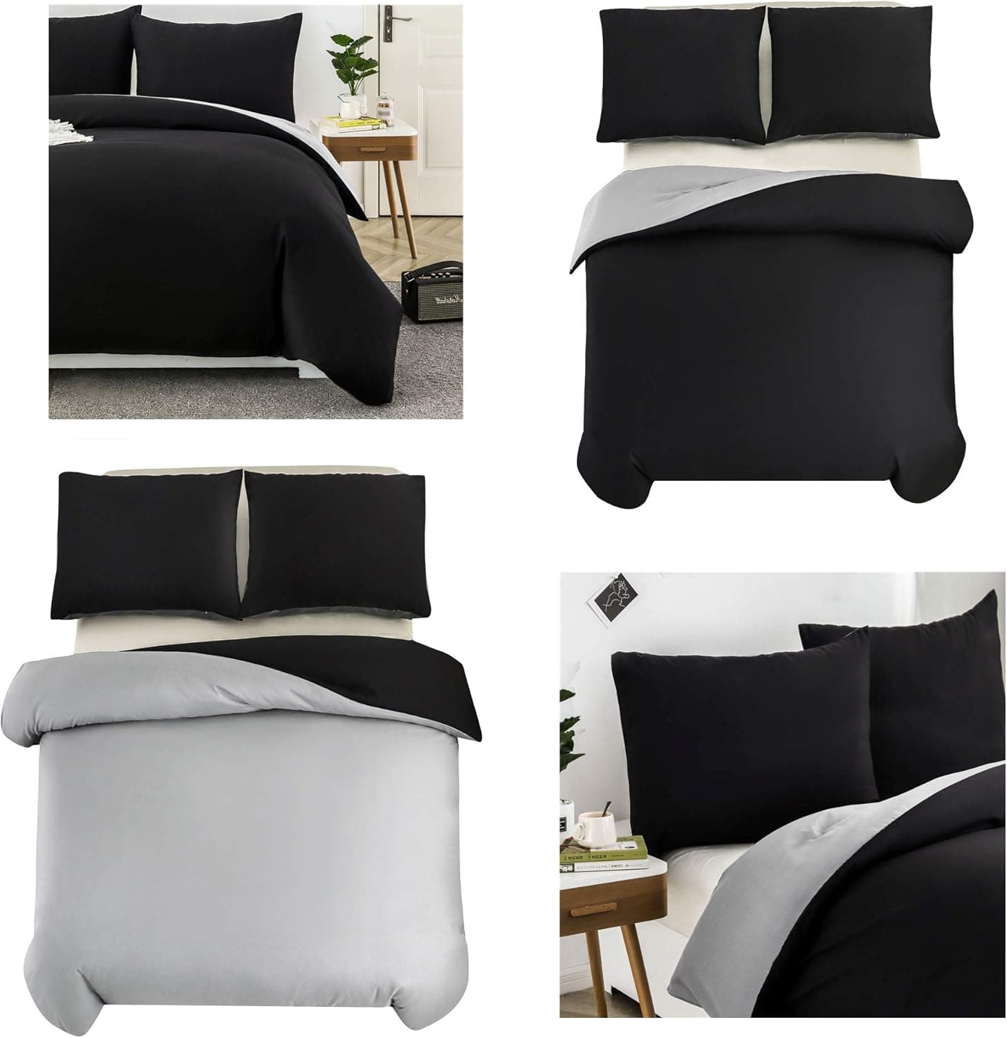 MOHAP Housse de Couette Réversible 220x240 / 65x65x2 cm Noir + Gris Parure de Lit Bicolore pour 2 Personnes Fermeture Éclair Sets de Housse Couette 5