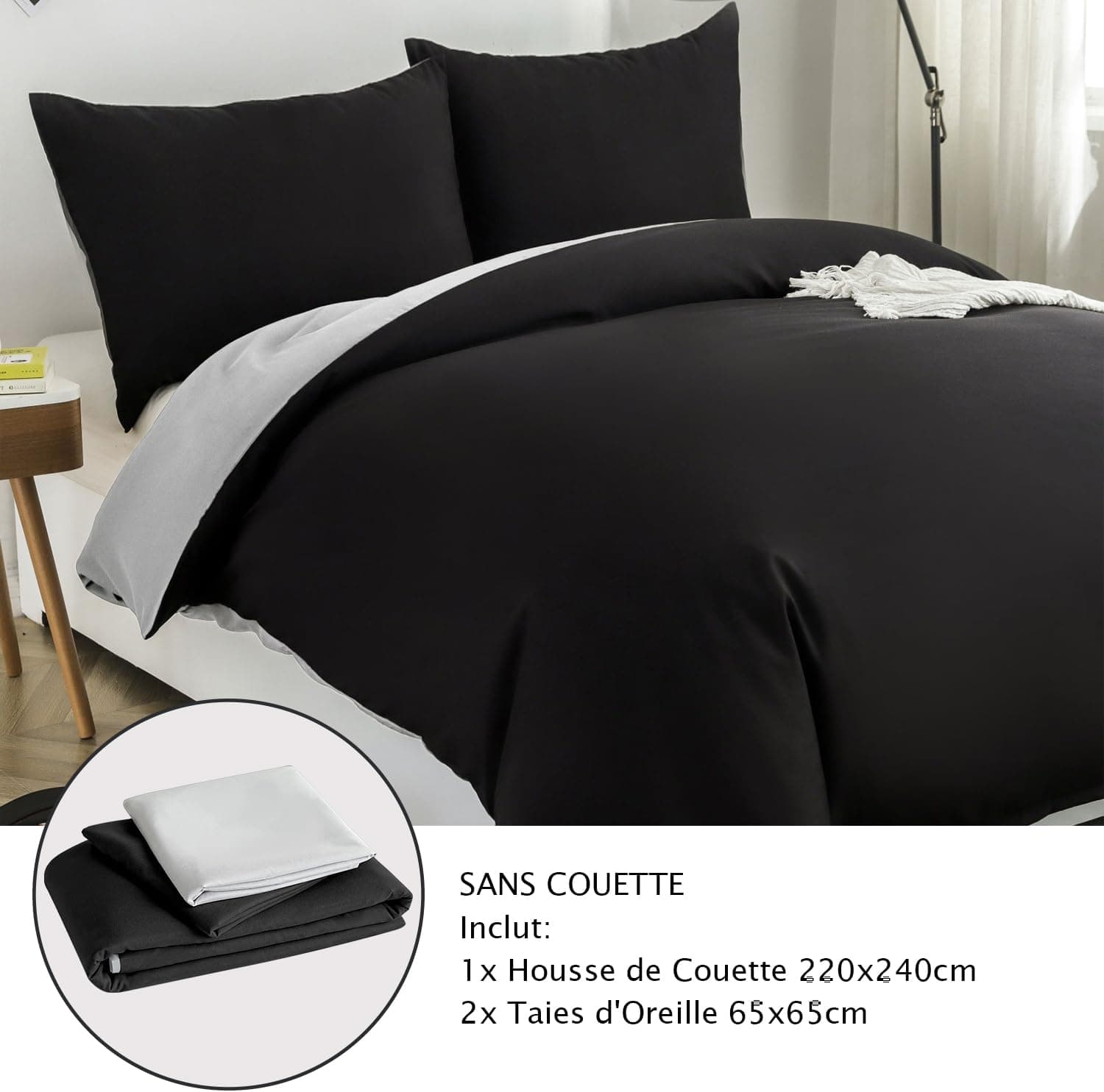 MOHAP Housse de Couette Réversible 220x240 / 65x65x2 cm Noir + Gris Parure de Lit Bicolore pour 2 Personnes Fermeture Éclair Sets de Housse Couette 8