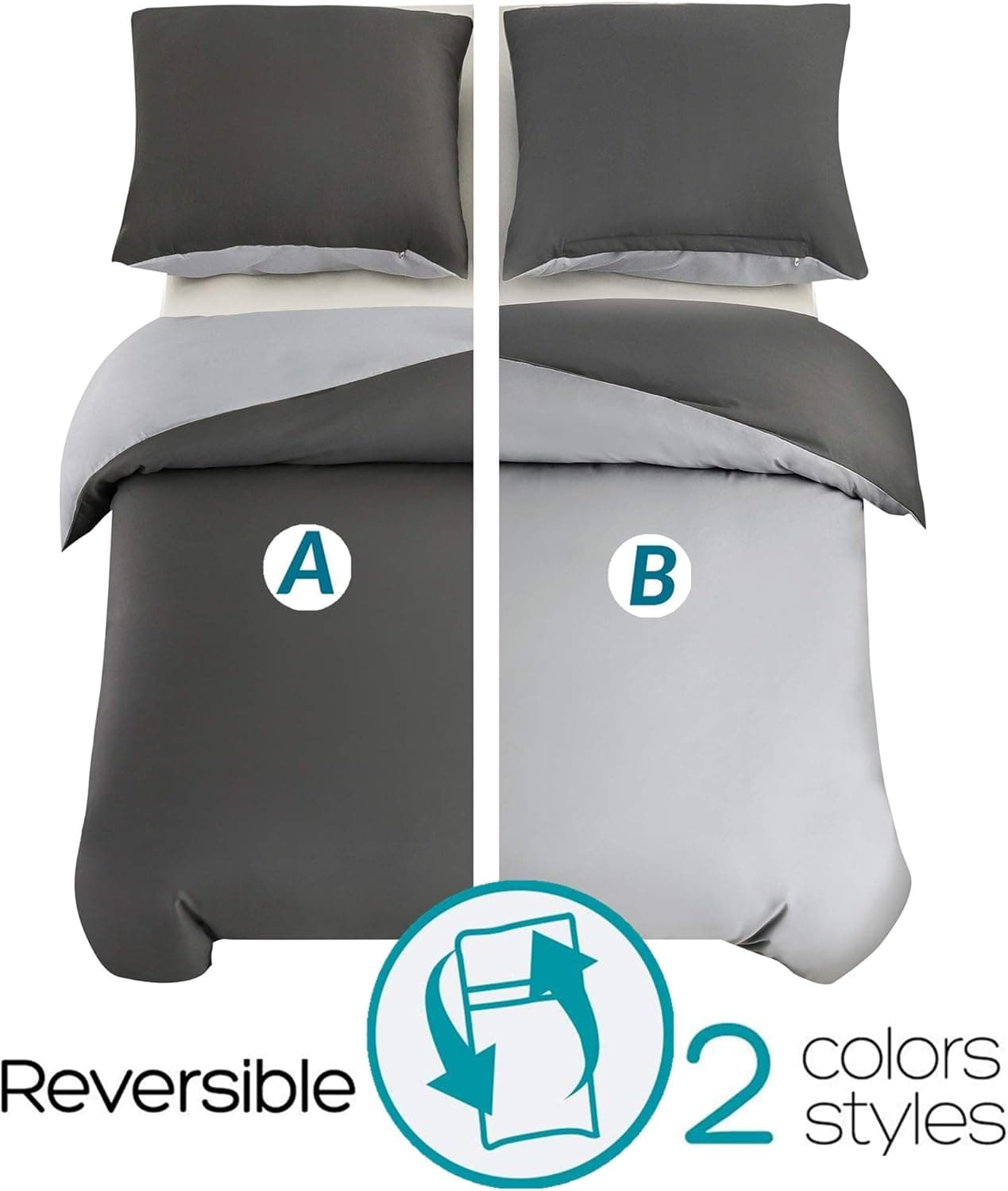 MOHAP 4 Pièces Housse de Couette Réversible 220x240 cm + Drap Housse 160x200cm avec Taie d'oreiller 65x65 cm Gris Foncé + Gris Clair Parure de Lit Bicolore Fermeture Éclair 3