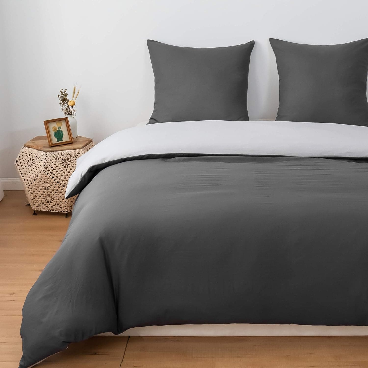 MOHAP 4 Pièces Housse de Couette Réversible 220x240 cm + Drap Housse 160x200cm avec Taie d'oreiller 65x65 cm Gris Foncé + Gris Clair Parure de Lit Bicolore Fermeture Éclair 5