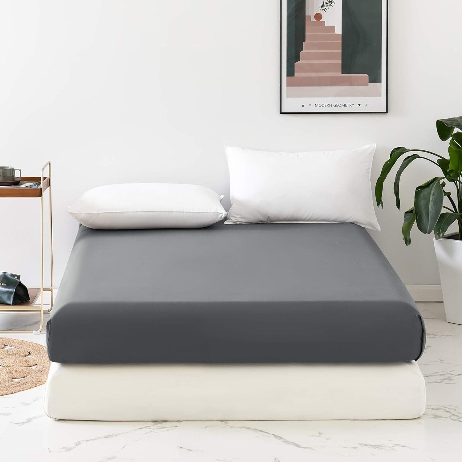 MOHAP 4 Pièces Housse de Couette Réversible 220x240 cm + Drap Housse 160x200cm avec Taie d'oreiller 65x65 cm Gris Foncé + Gris Clair Parure de Lit Bicolore Fermeture Éclair 7